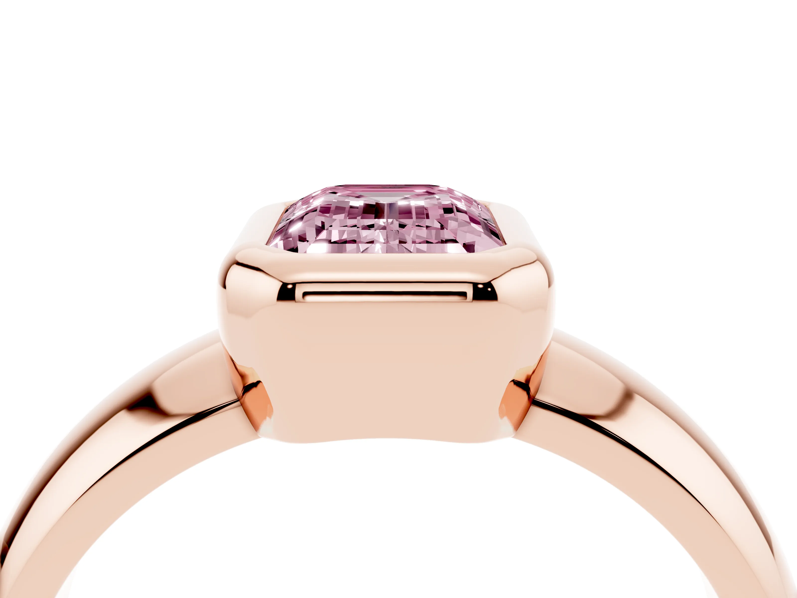 Fancy Pink Bezel Set Emerald Cut Diamond Solitaire Ring Set in Rose gold with Wide Band