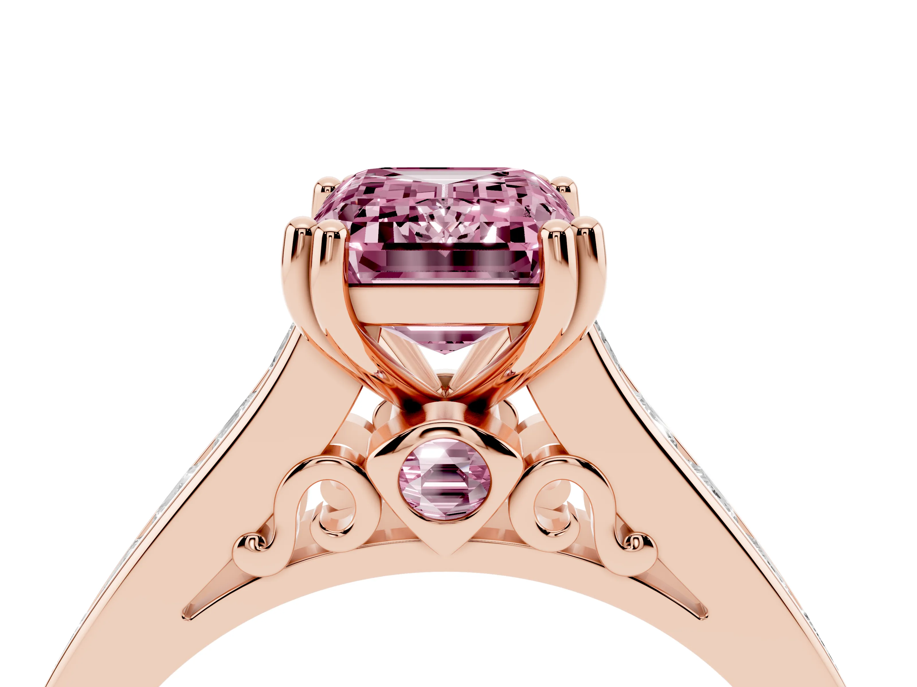 Fancy Pink Emerald Cut Diamond Channel Set Solitaire Engagement Ring Set in Rose gold with Prong Setting