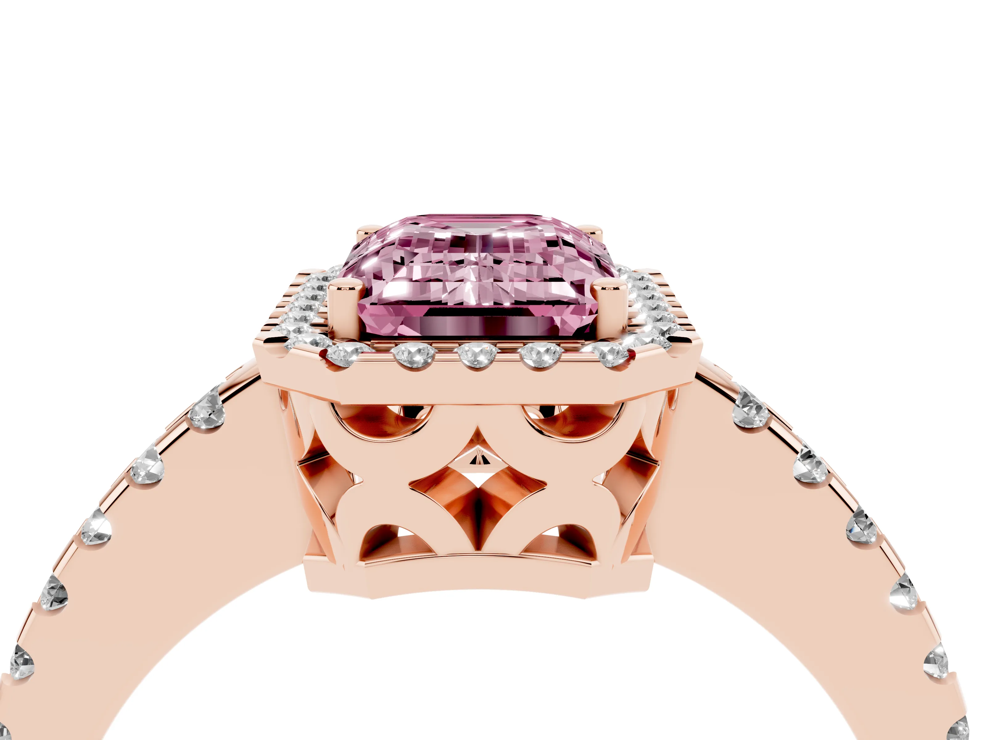 Fancy Pink Emerald Cut Diamond Halo Ring Set in Rose gold with Pavé Shoulders and Halo-Framed Center