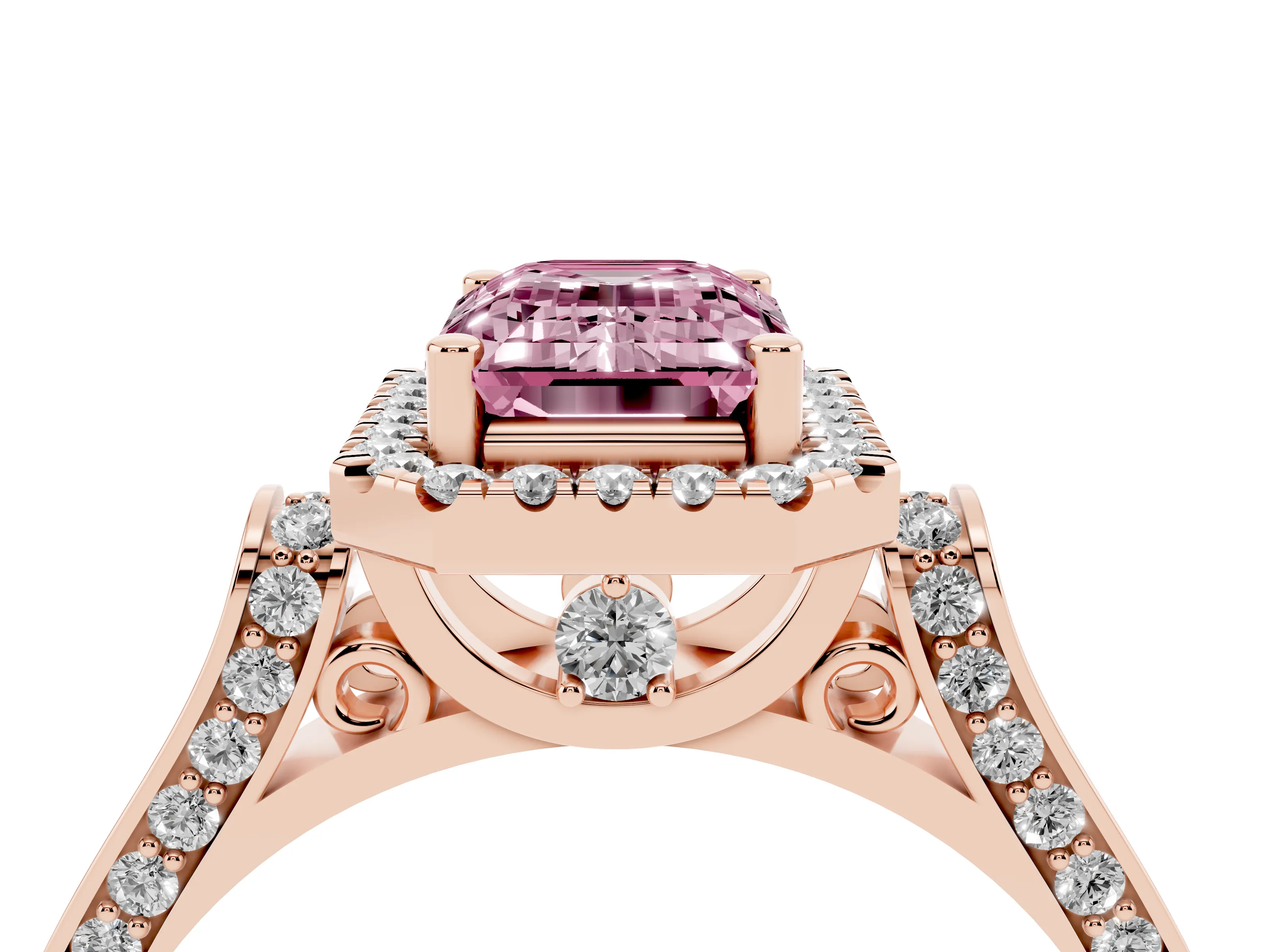 Fancy Pink Emerald Cut Diamond Halo Ring Set in Rose gold with Pavé-Lined Split Shank Band