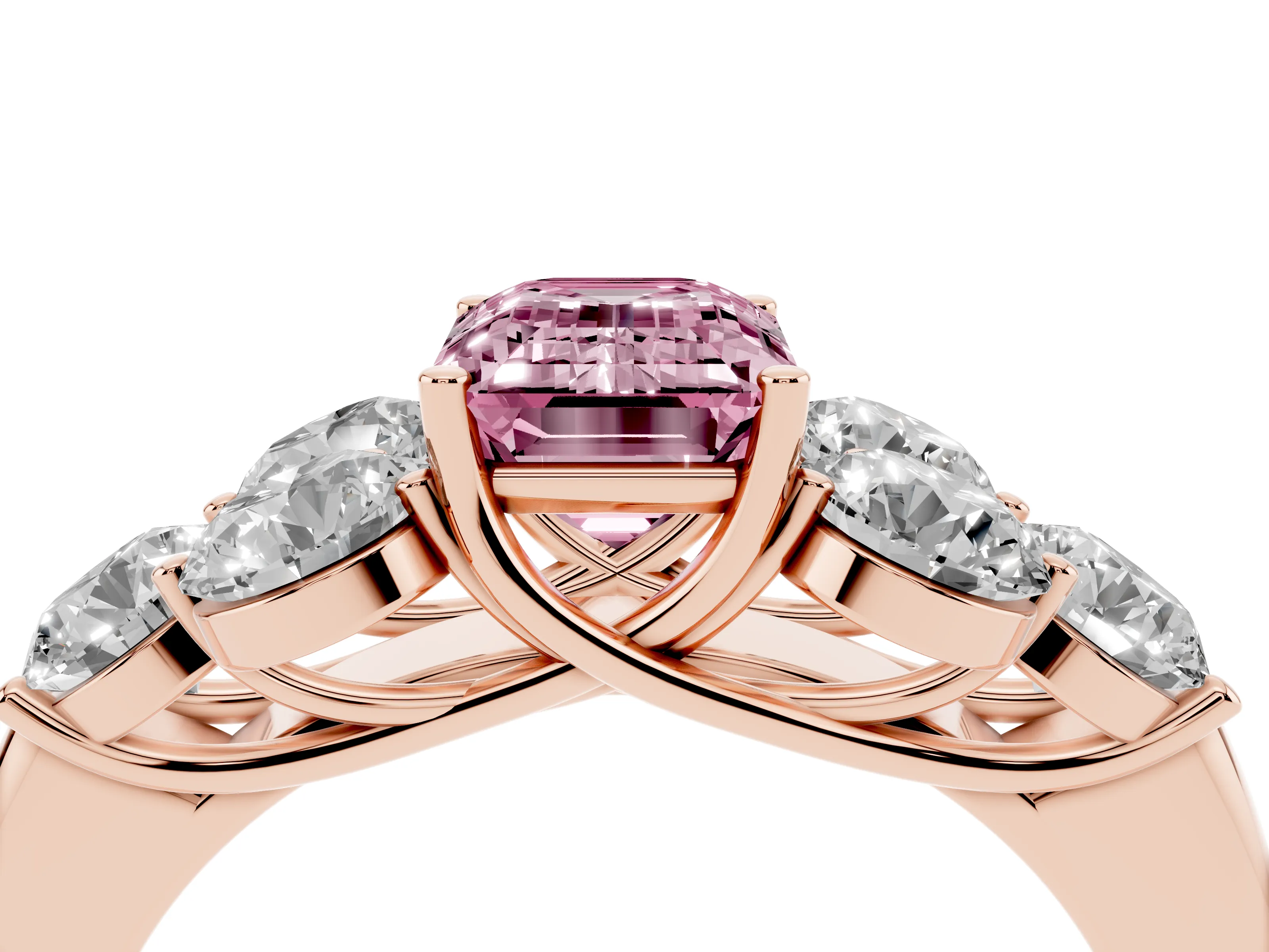 Fancy Pink Emerald Cut Diamond Cluster Ring Set in Rose gold with Round Accent Stones and Prong Setting on a Plain Band