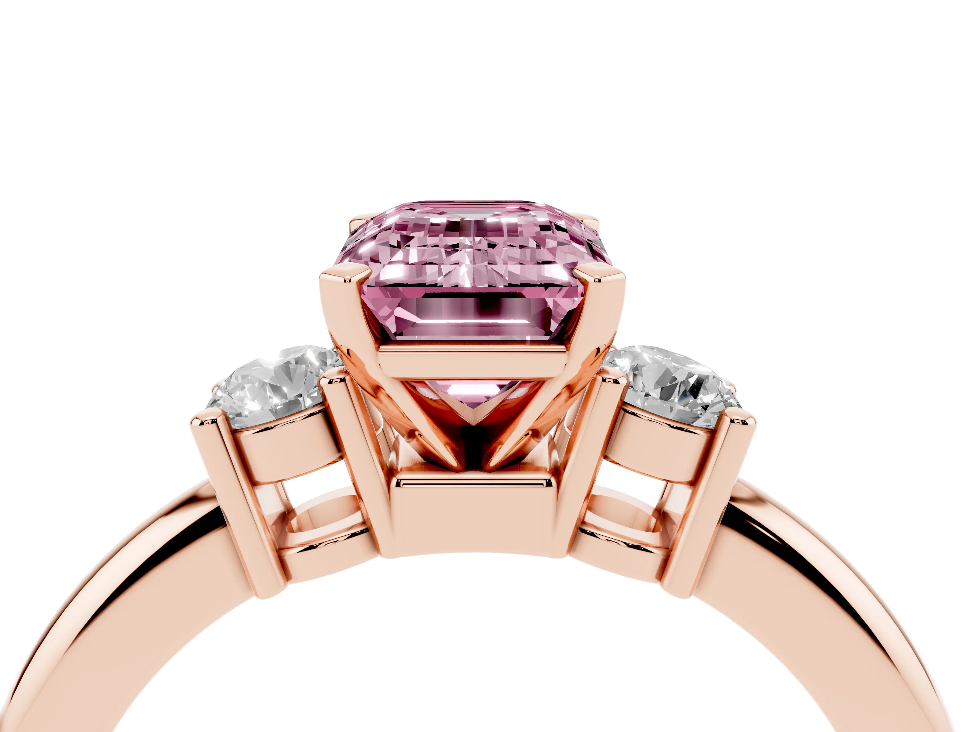 Fancy Pink Three-Stone Emerald Cut Diamond Ring Set in Rose gold with Prong Setting and Plain Band