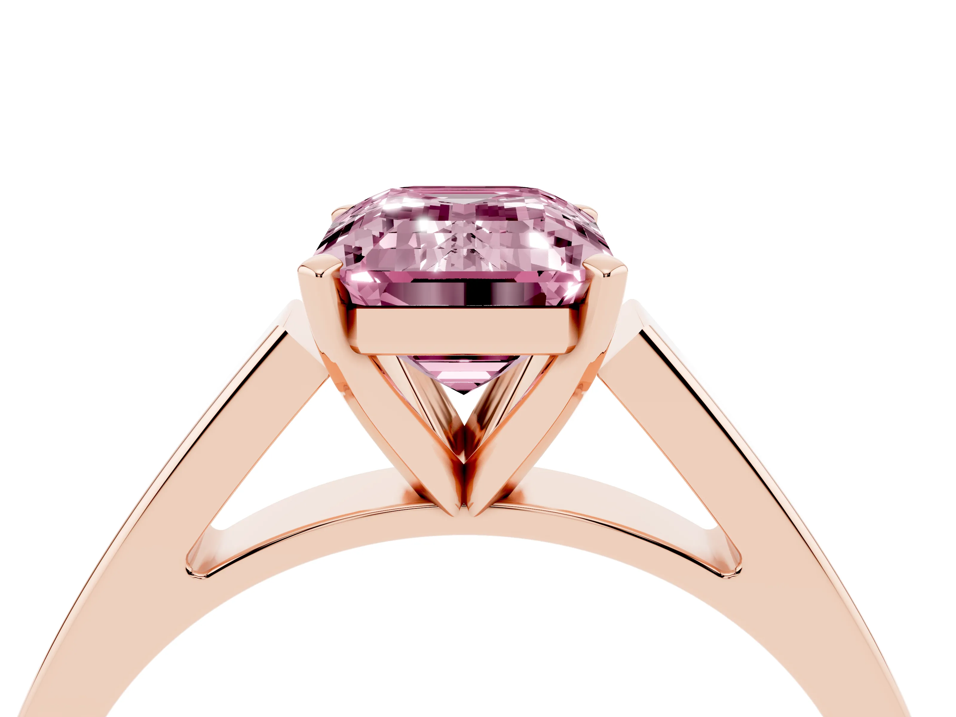 Fancy Pink Emerald Cut Diamond Solitaire Engagement Ring Set in Rose gold with Prong Setting and Tapered Band