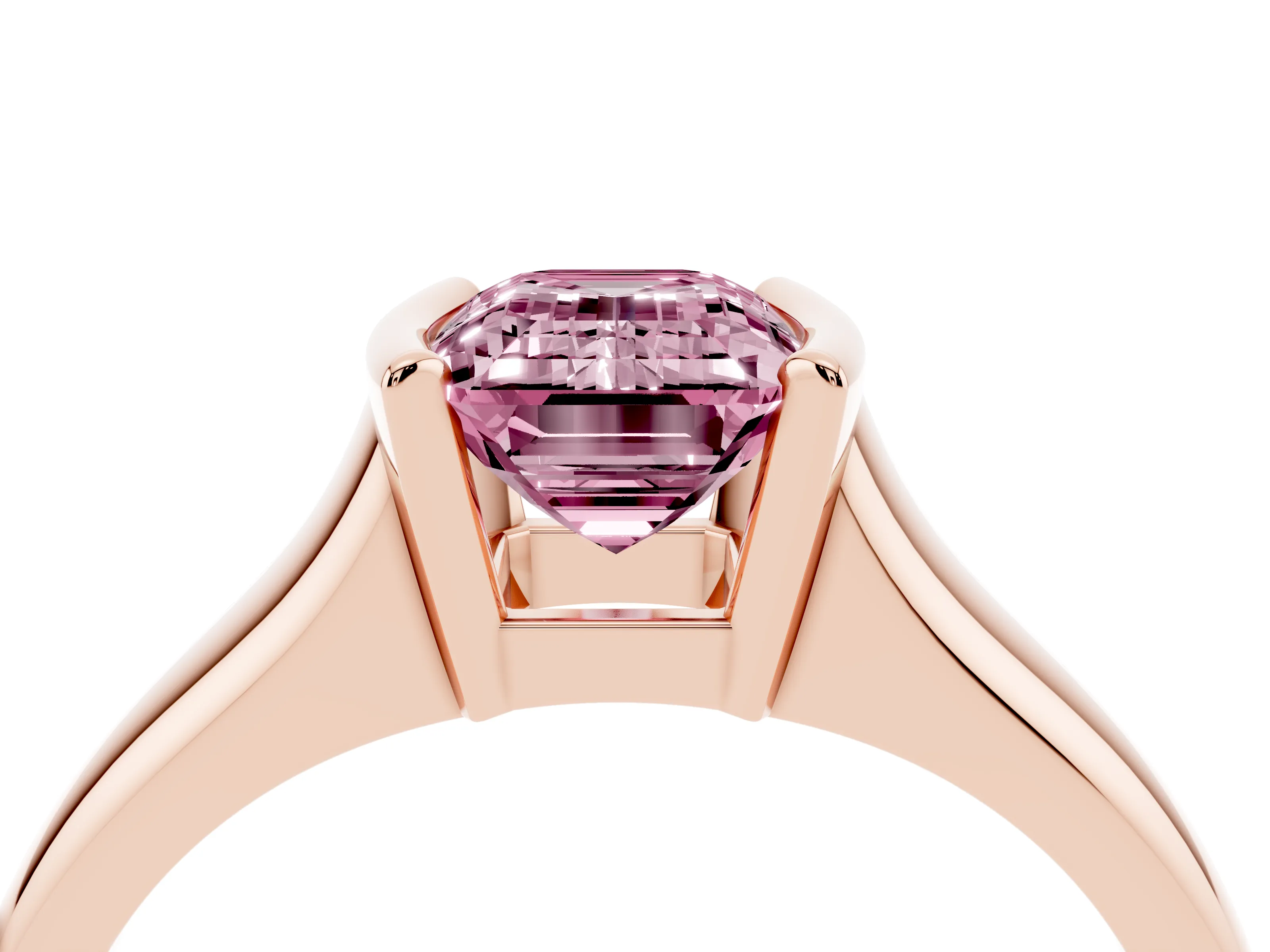 Fancy Pink Emerald Cut Diamond Solitaire Tension Set Ring Set in Rose gold with Split Shank Band