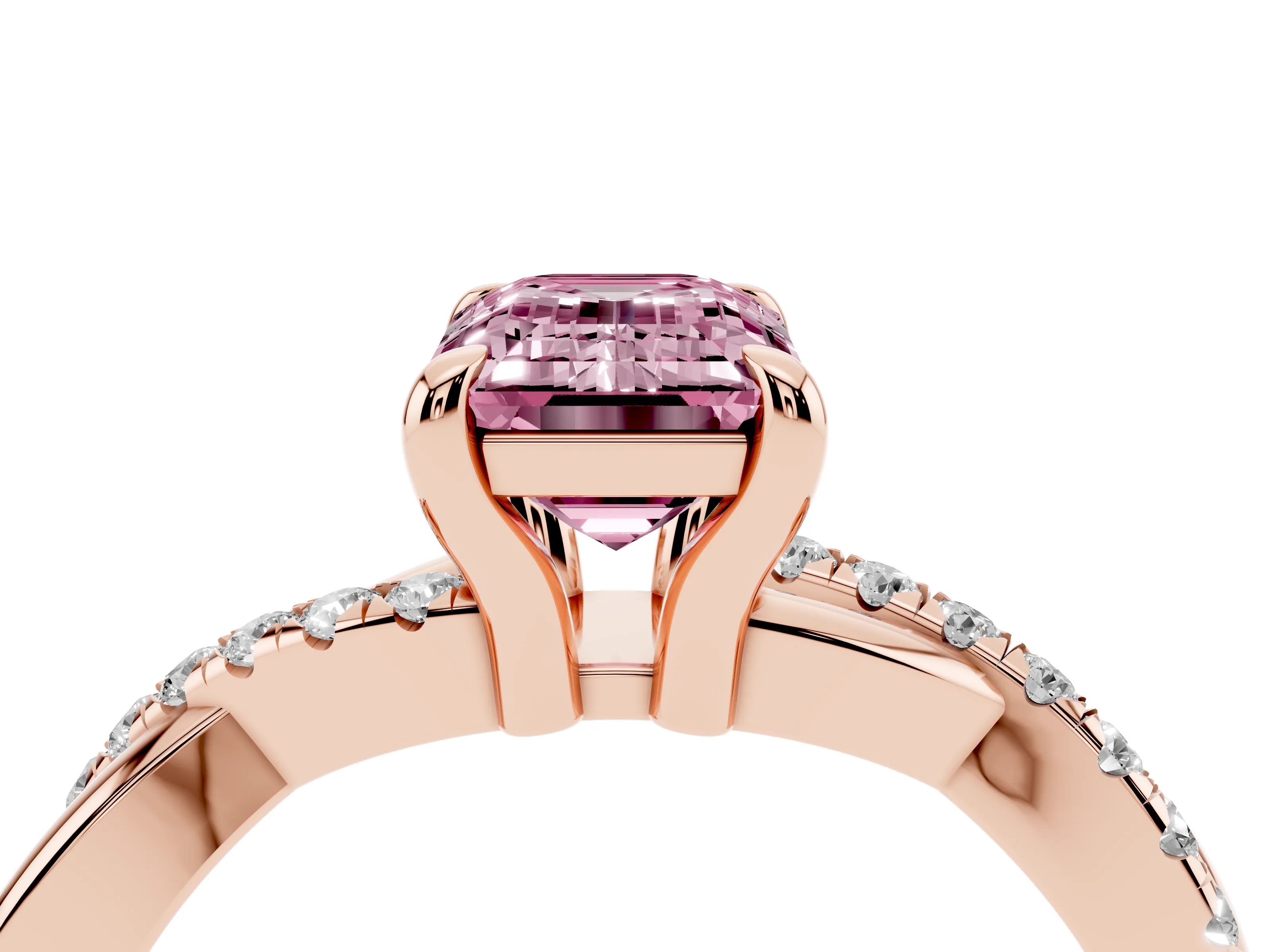 Fancy Pink Emerald Cut Diamond Twist Band Solitaire Set in Rose gold with Pavé Accents and Prong Setting