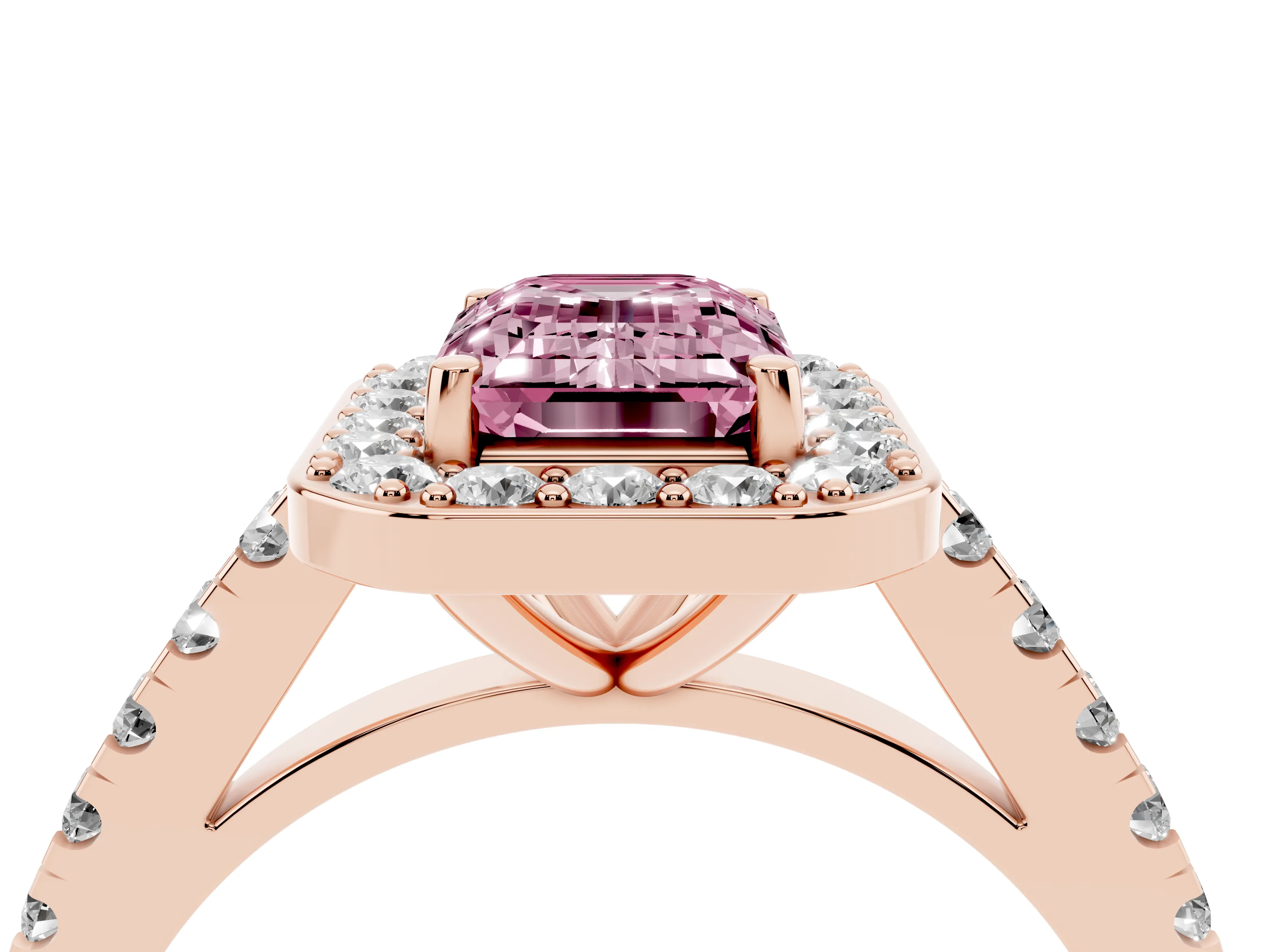 Fancy Pink Emerald Cut Diamond Halo Ring Set in Rose gold with Round Pavé Split Shank and Prong Setting