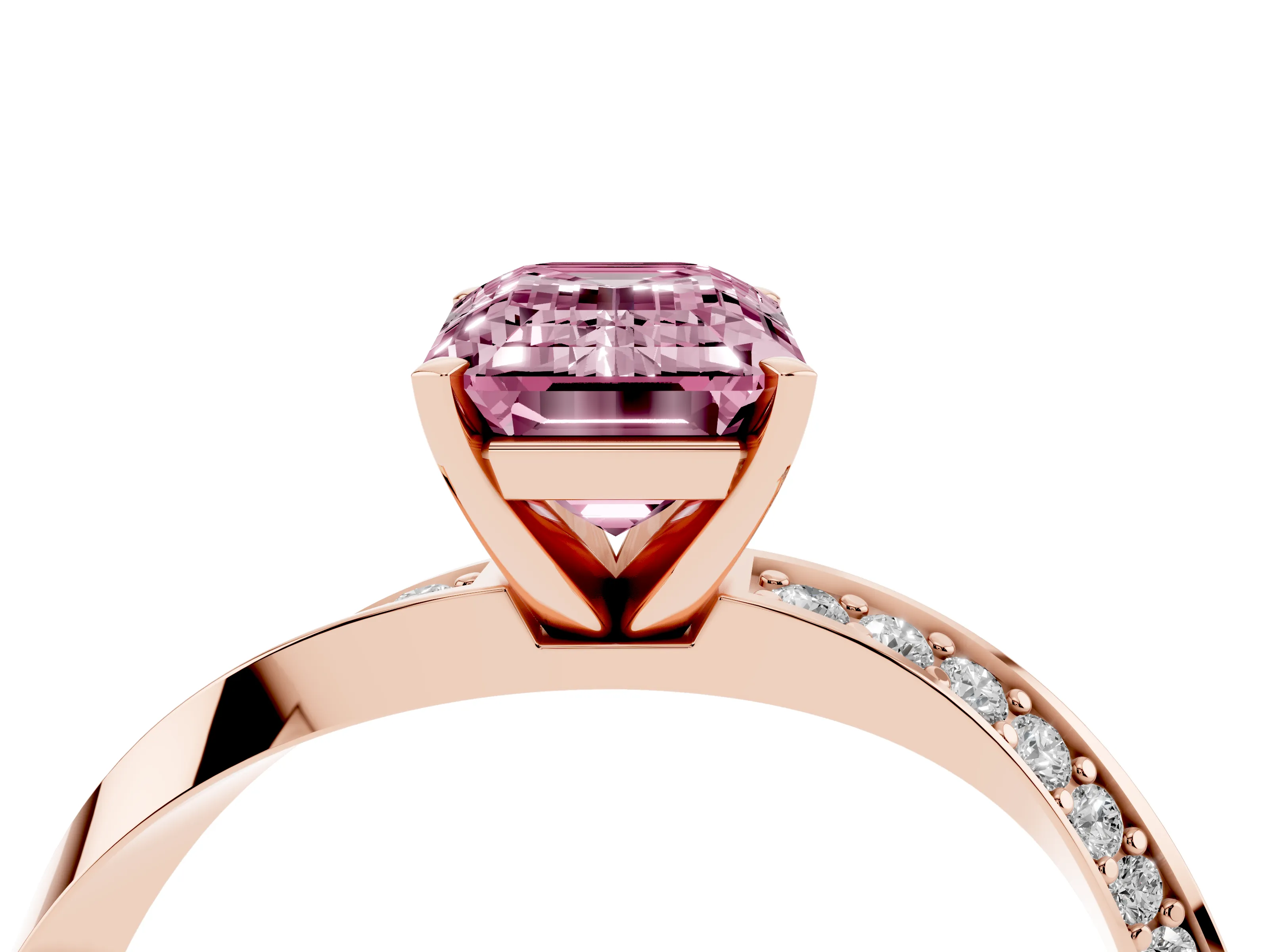 Fancy Pink Emerald Cut Diamond Engagement Ring Set in Rose gold with Side Stone Accents and Prong Setting