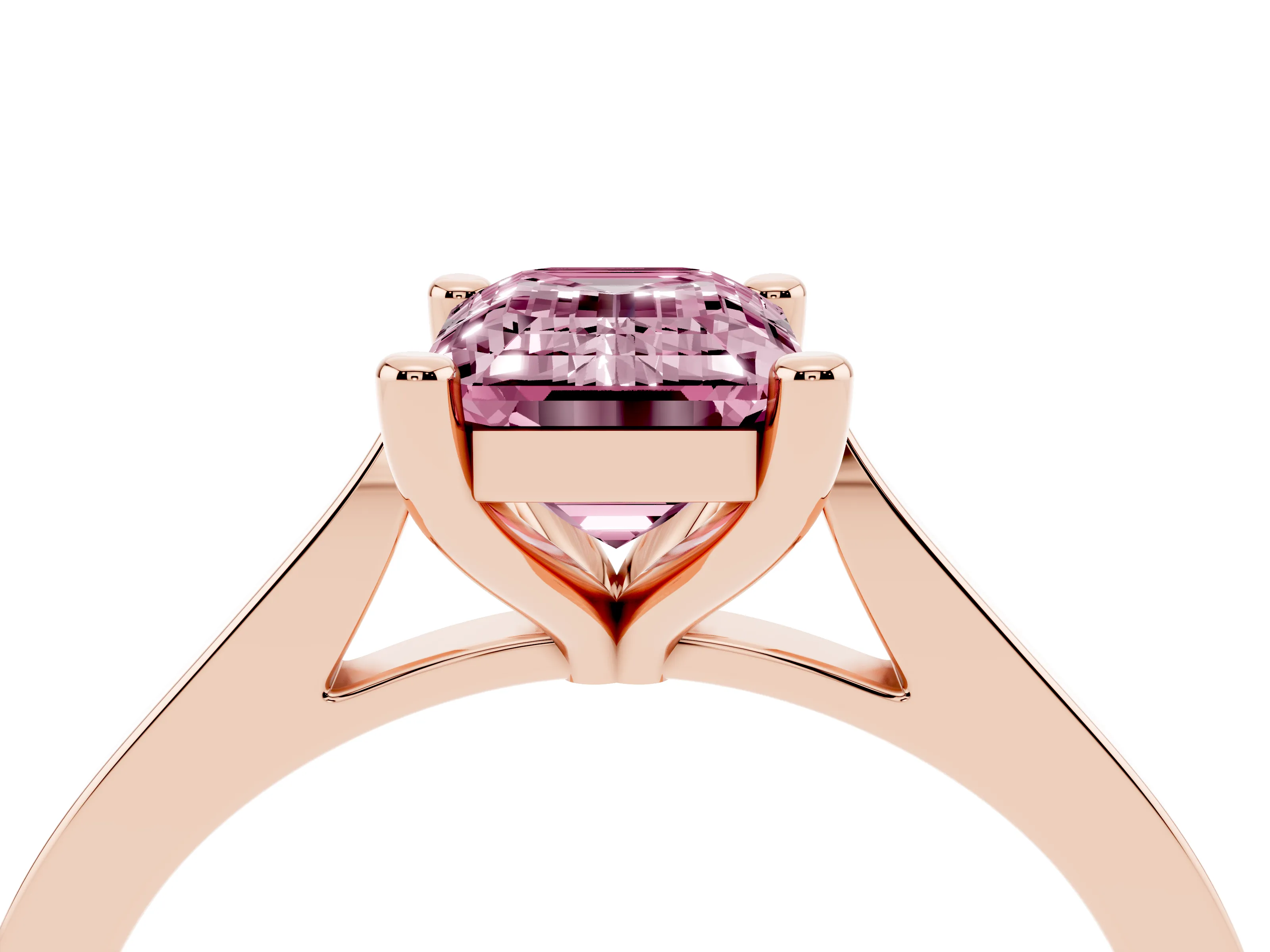 Fancy Pink Emerald Cut Diamond Solitaire Ring Set in Rose gold with Prong Setting and Tapered Band
