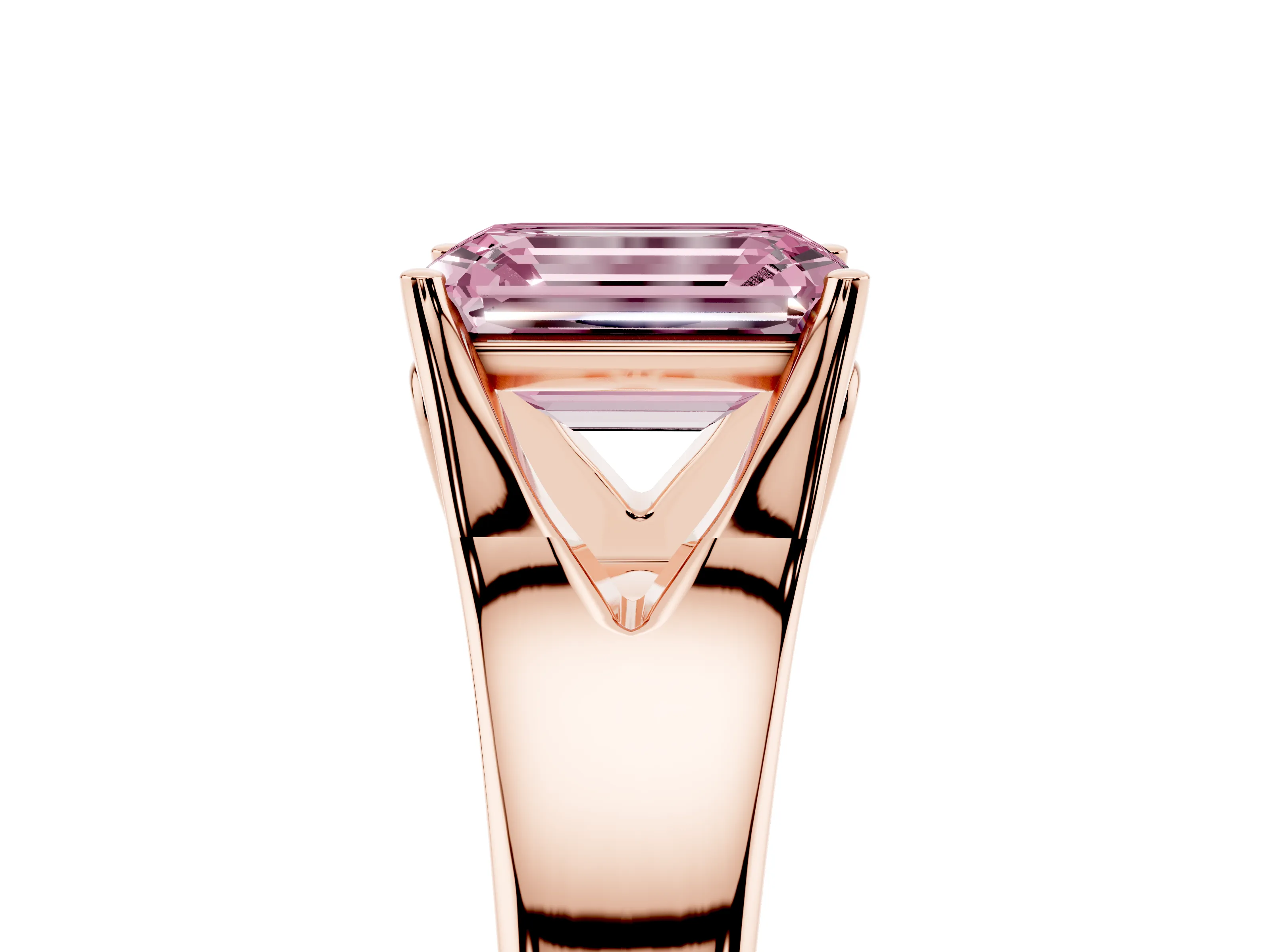 Fancy Pink Emerald Cut Diamond Solitaire Ring Set in Rose gold with Arched Cathedral Band and Prong Setting