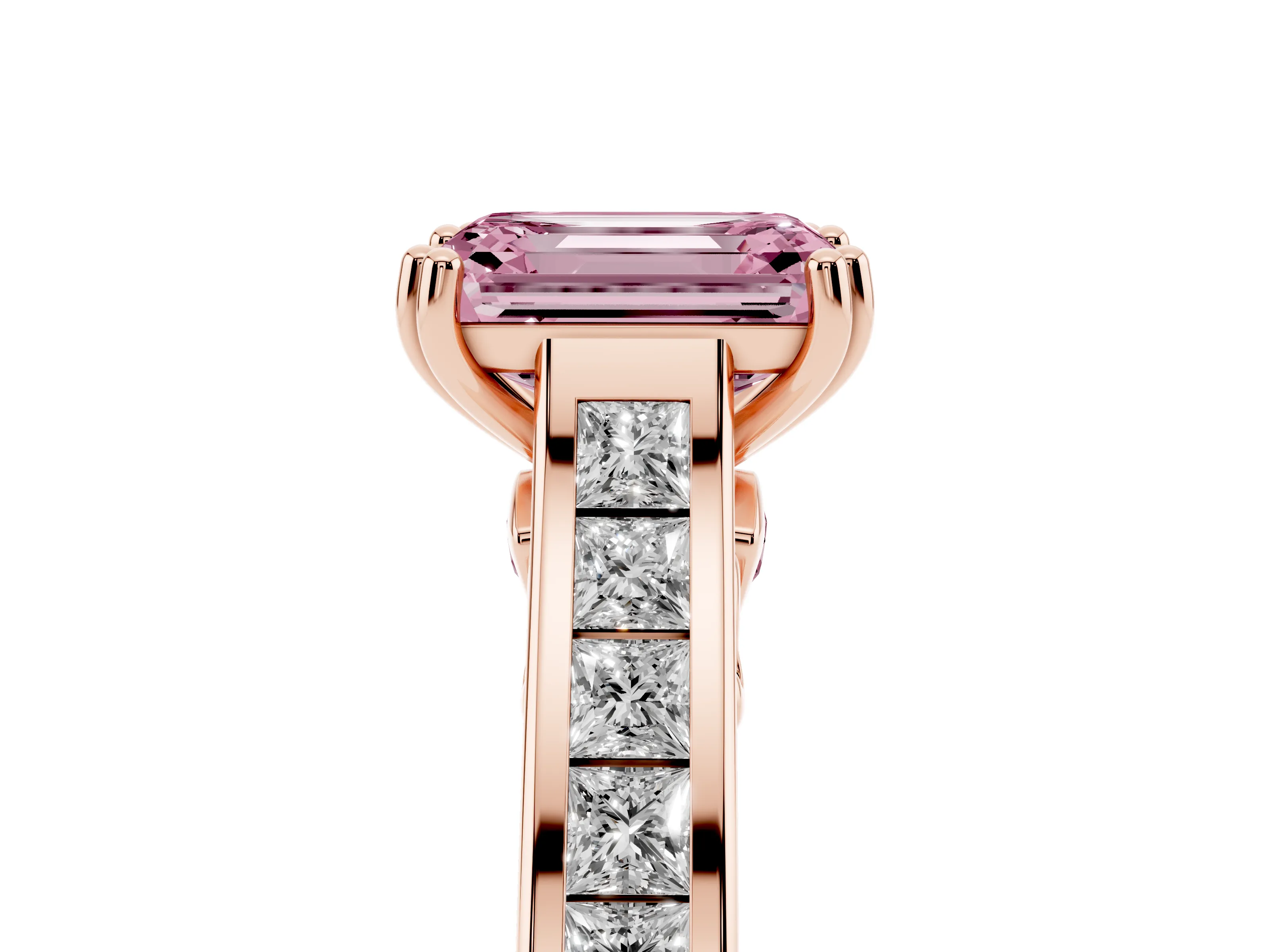 Fancy Pink Emerald Cut Diamond Channel Set Solitaire Engagement Ring Set in Rose gold with Prong Setting