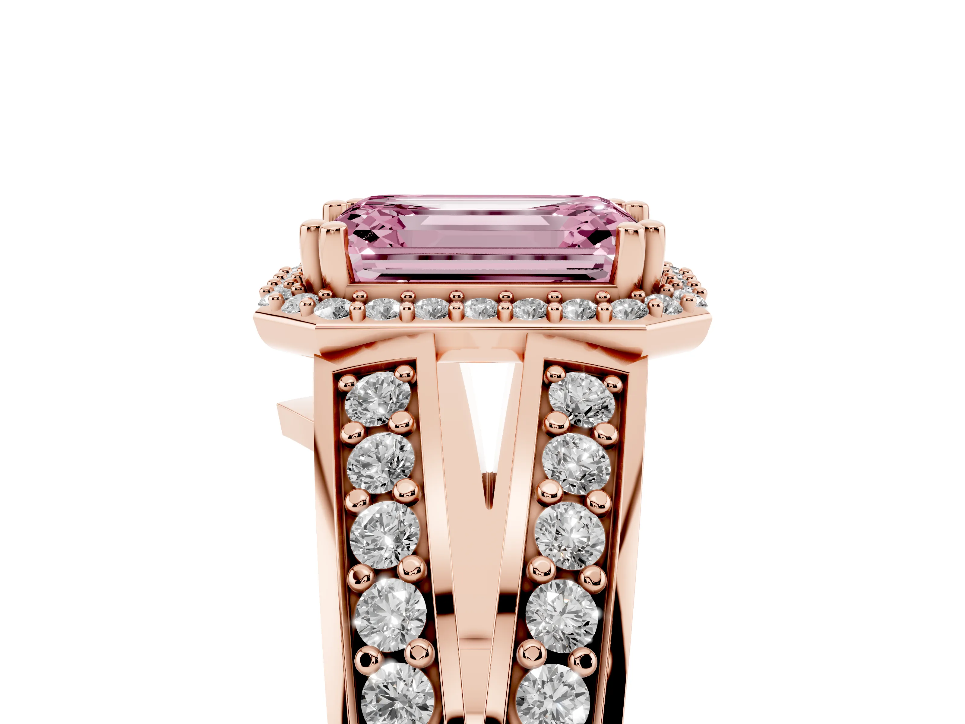 Fancy Pink Emerald Cut Diamond Halo Ring Set in Rose gold with Double Pavé Split Shank