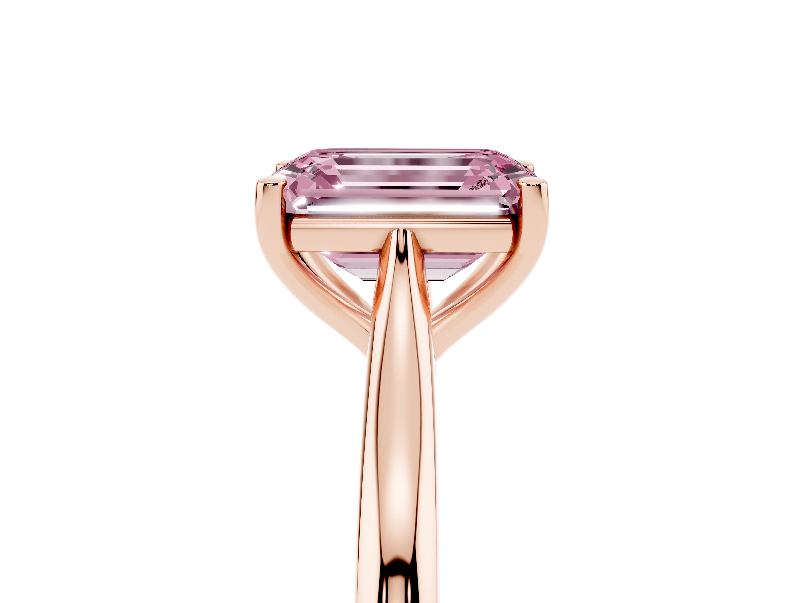 Fancy Pink Emerald Cut Diamond Solitaire Ring Set in Rose gold with Cathedral Band and Prong Setting