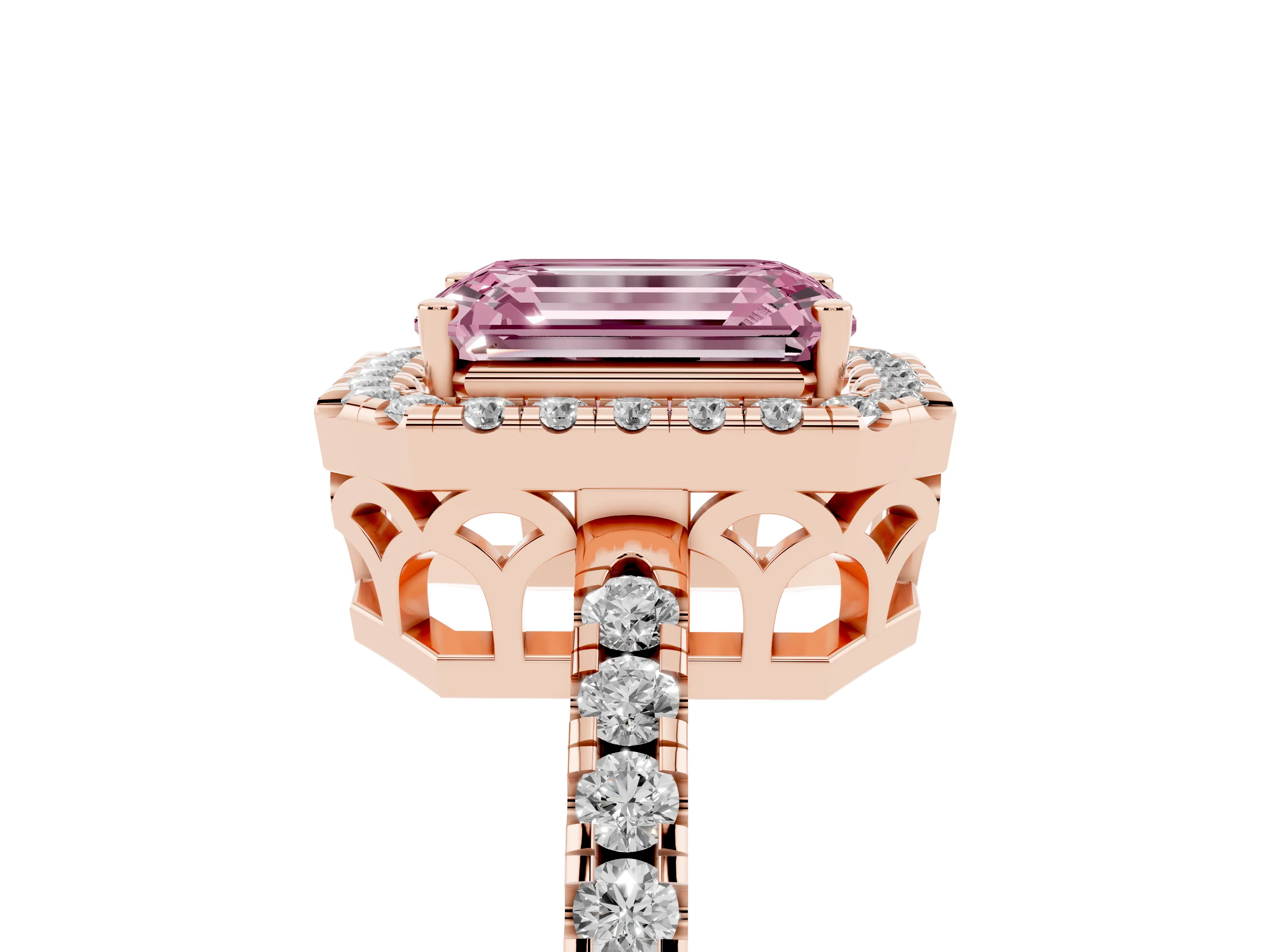 Fancy Pink Emerald Cut Diamond Pavé Band Halo Engagement Ring Set in Rose gold with Prong Setting