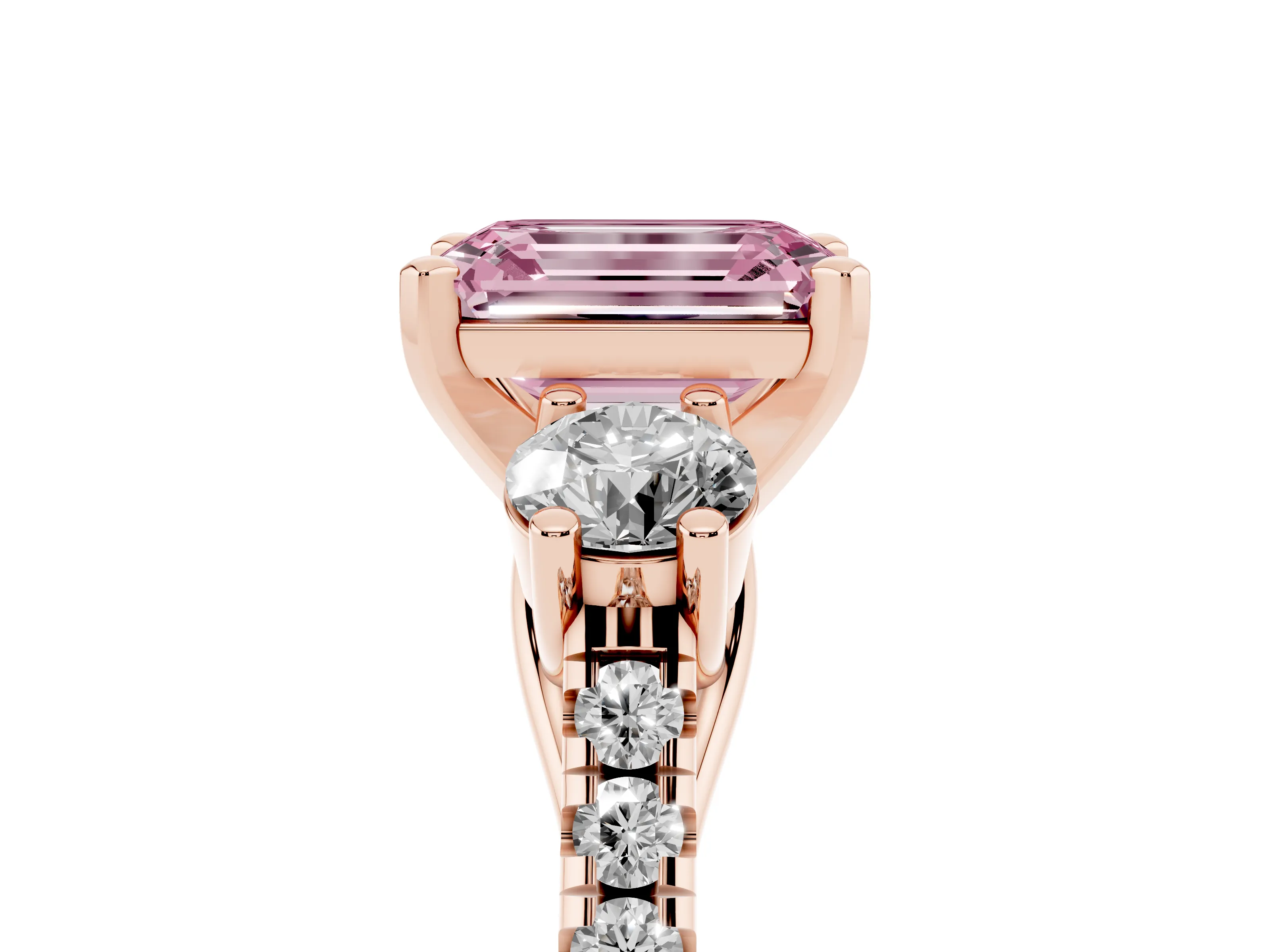 Fancy Pink Three-Stone Emerald Cut Diamond Pavé Band Ring Set in Rose gold with Prong-Set Trio