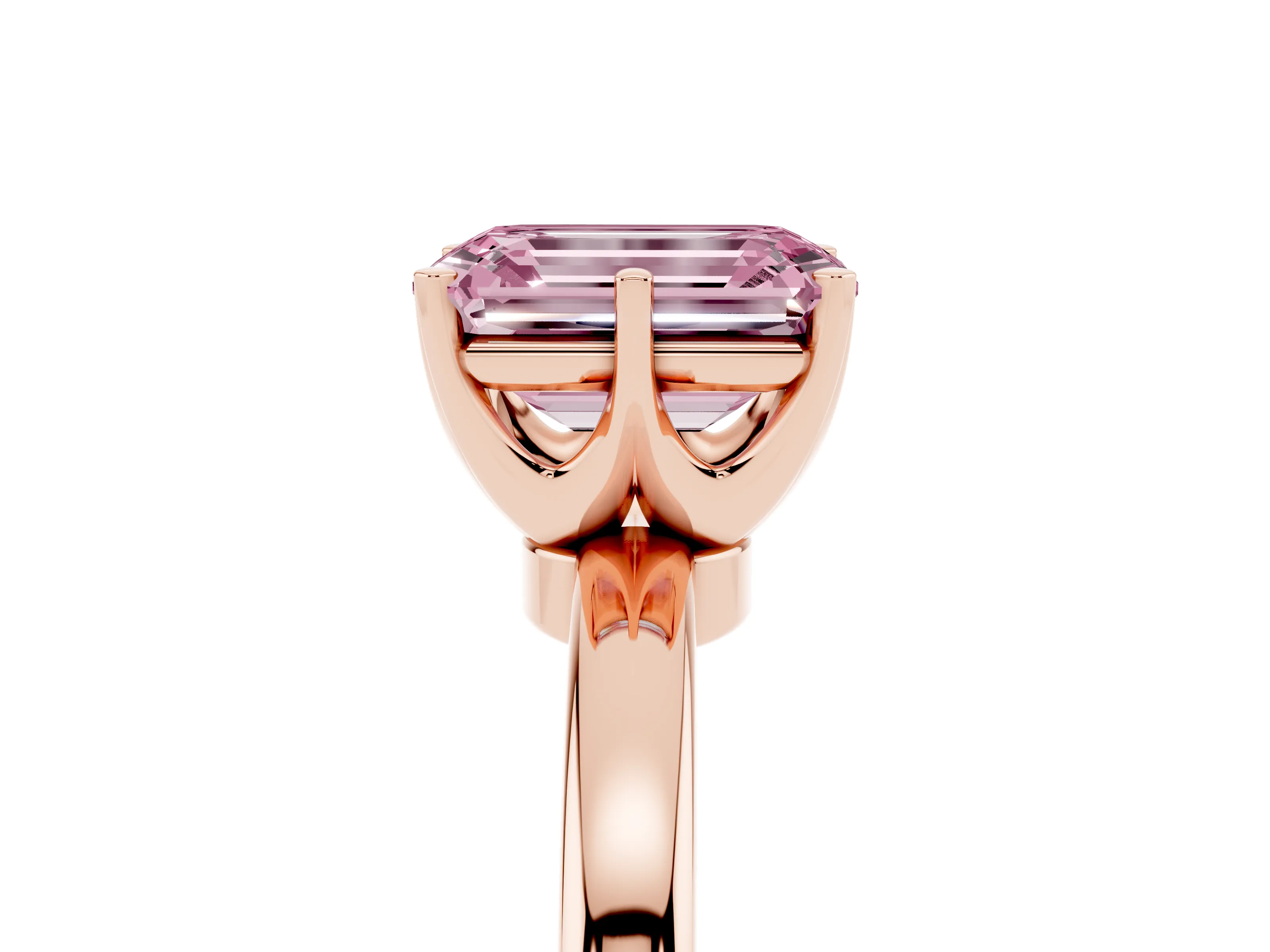 Fancy Pink Emerald Cut Diamond Solitaire Ring Set in Rose gold with Raised Prong Setting on a Classic Band