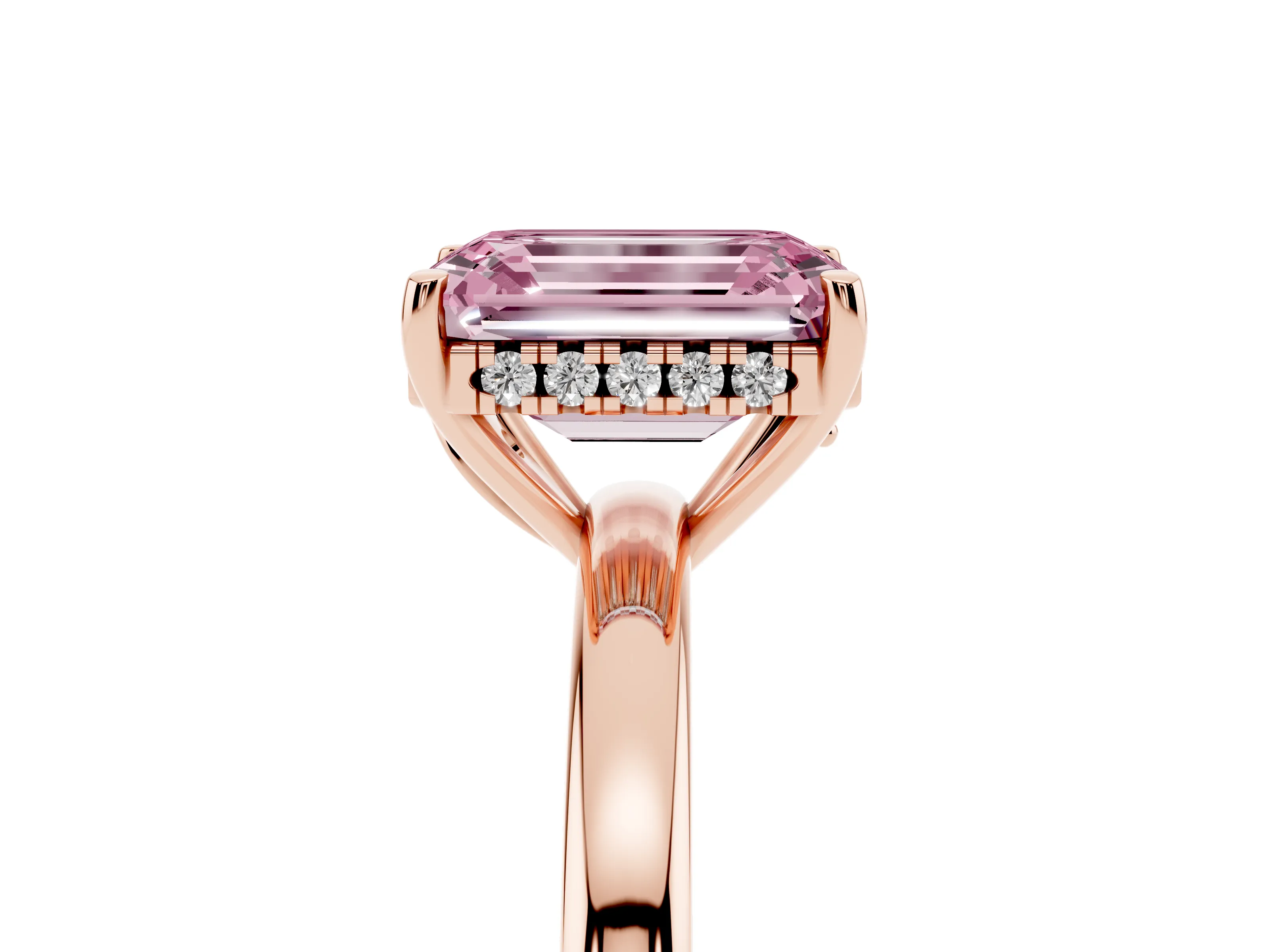 Fancy Pink Emerald Cut Diamond Solitaire Ring Set in Rose gold with Plain Band and Prong Setting