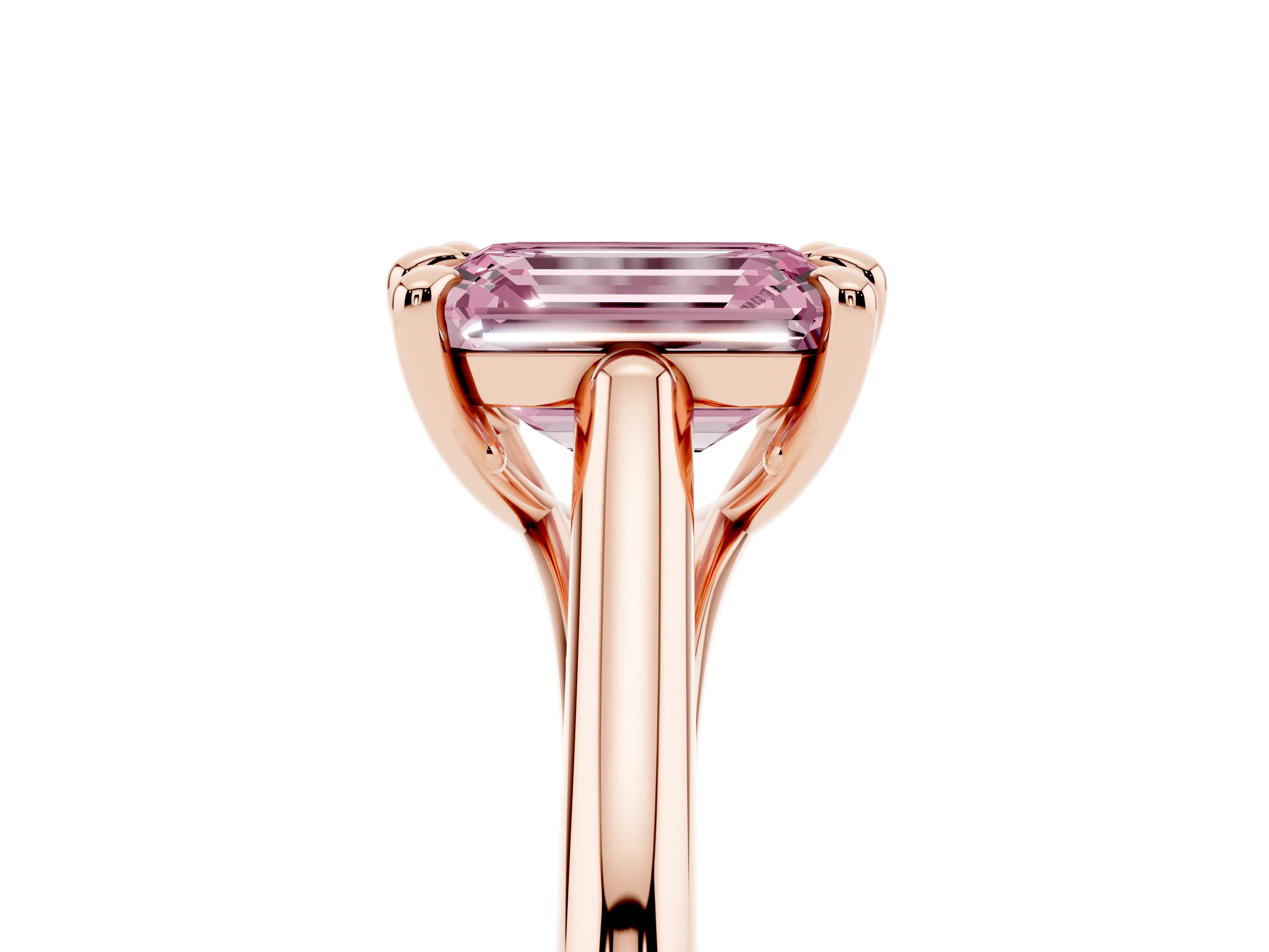 Fancy Pink Emerald Cut Diamond Solitaire Engagement Ring Set in Rose gold with Prong Setting and Plain Classic Band