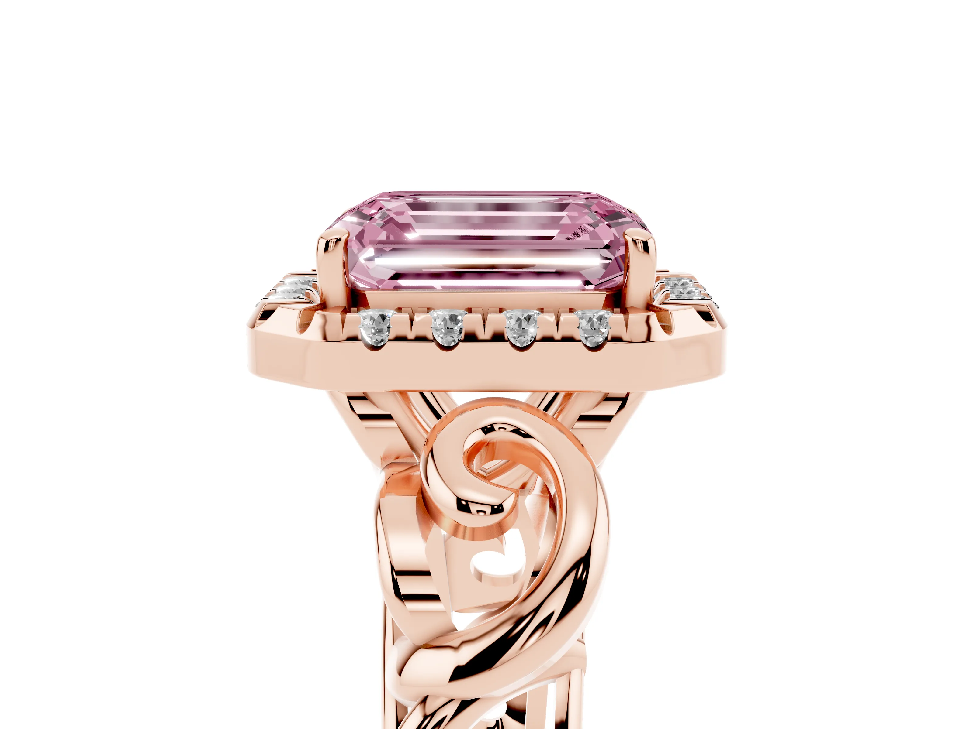 Fancy Pink Emerald Cut Diamond Halo Ring Set in Rose gold with Scrollwork Band and Prong Setting