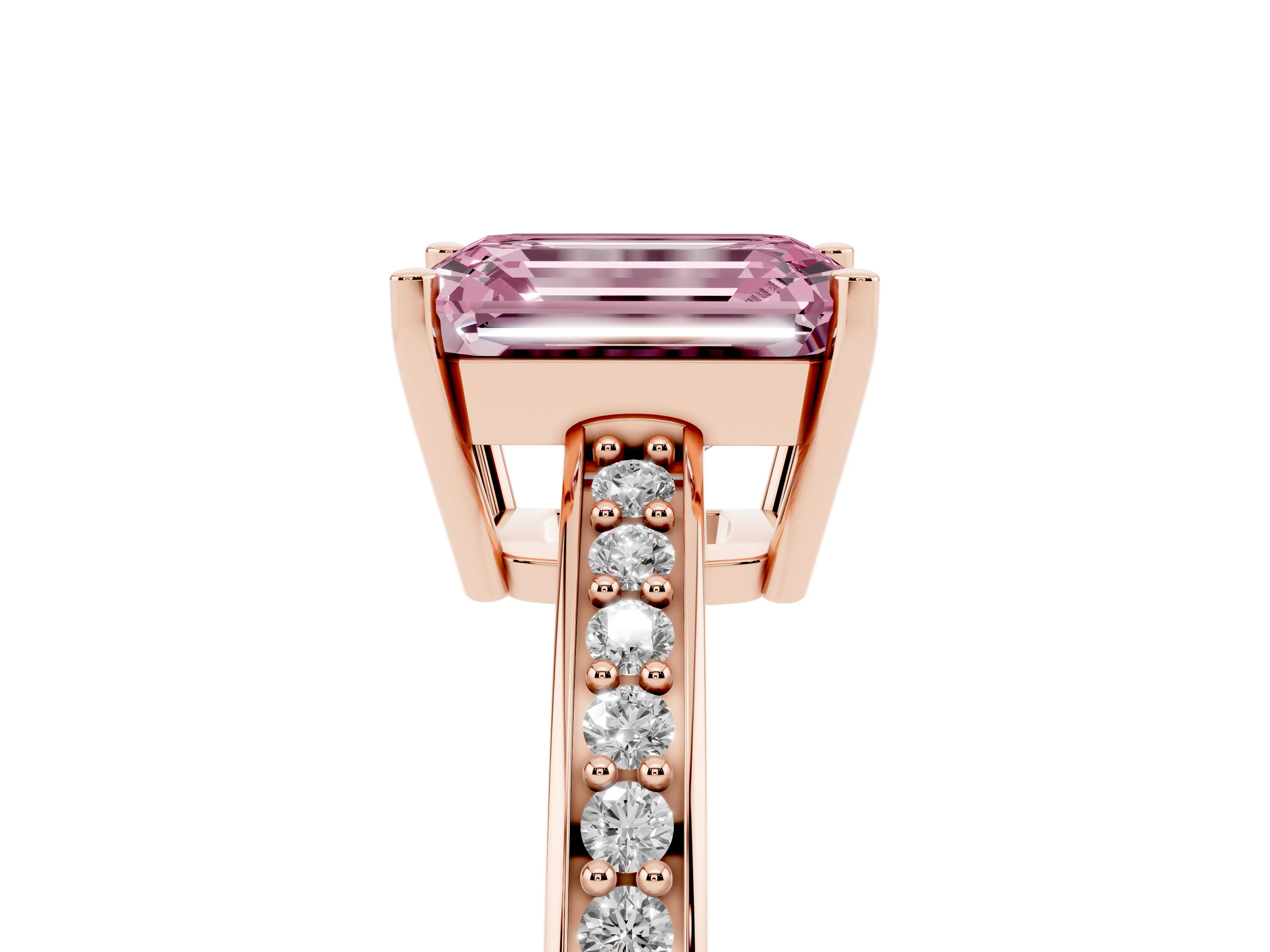 Fancy Pink Emerald Cut Diamond Pavé Band Prong Set Solitaire Ring Set in Rose gold