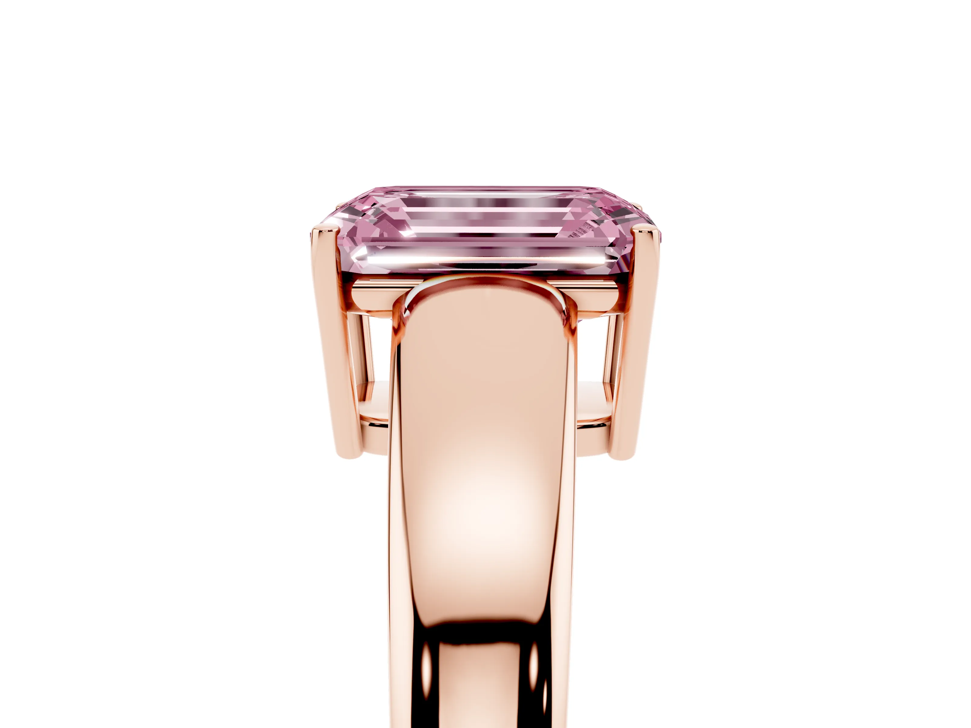 Fancy Pink Emerald Cut Diamond Solitaire Ring Set in Rose gold with Tapered Band and Prong Setting