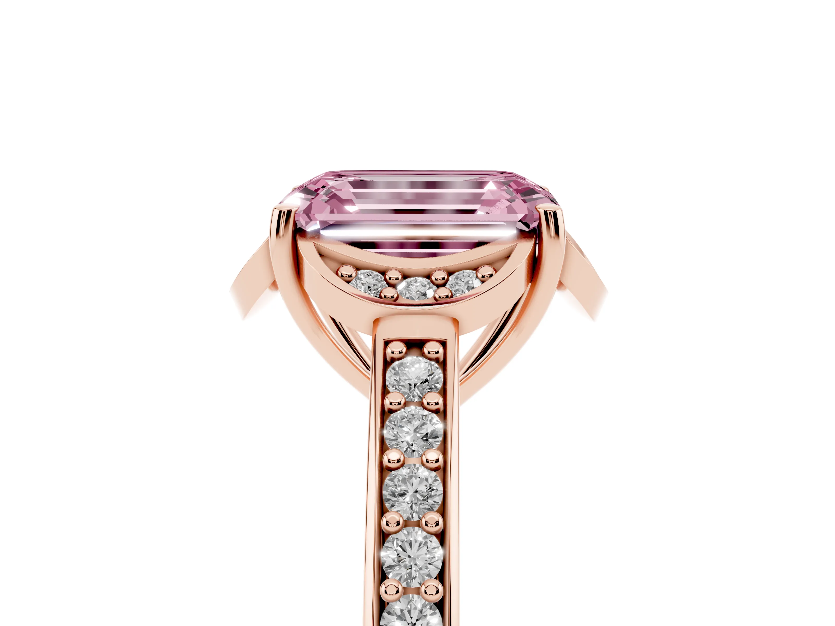 Fancy Pink Emerald Cut Diamond Halo Ring Set in Rose gold with Channel Set Band and Prong Setting