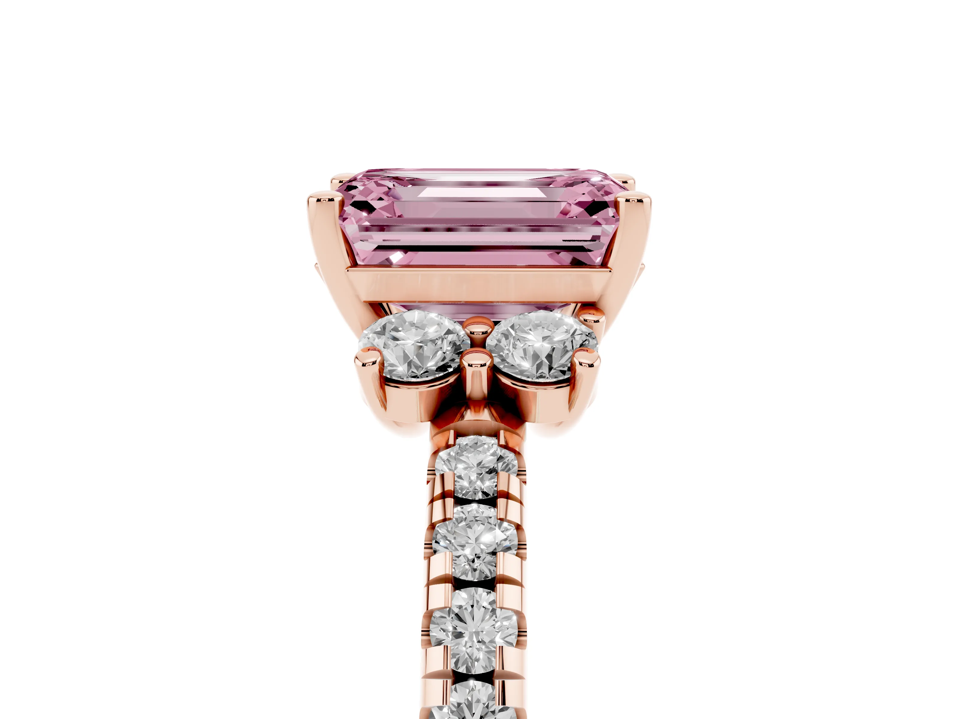 Fancy Pink Emerald Cut Diamond Three-Stone Pavé Ring Set in Rose gold with Prong Setting