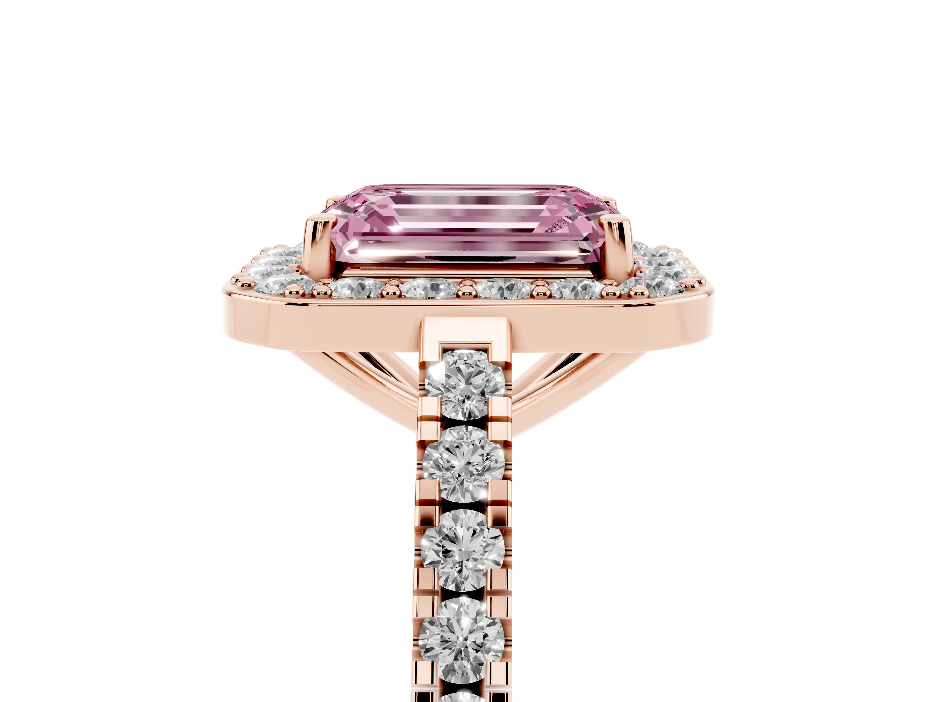 Fancy Pink Emerald Cut Diamond Halo Ring Set in Rose gold with Round Pavé Split Shank and Prong Setting