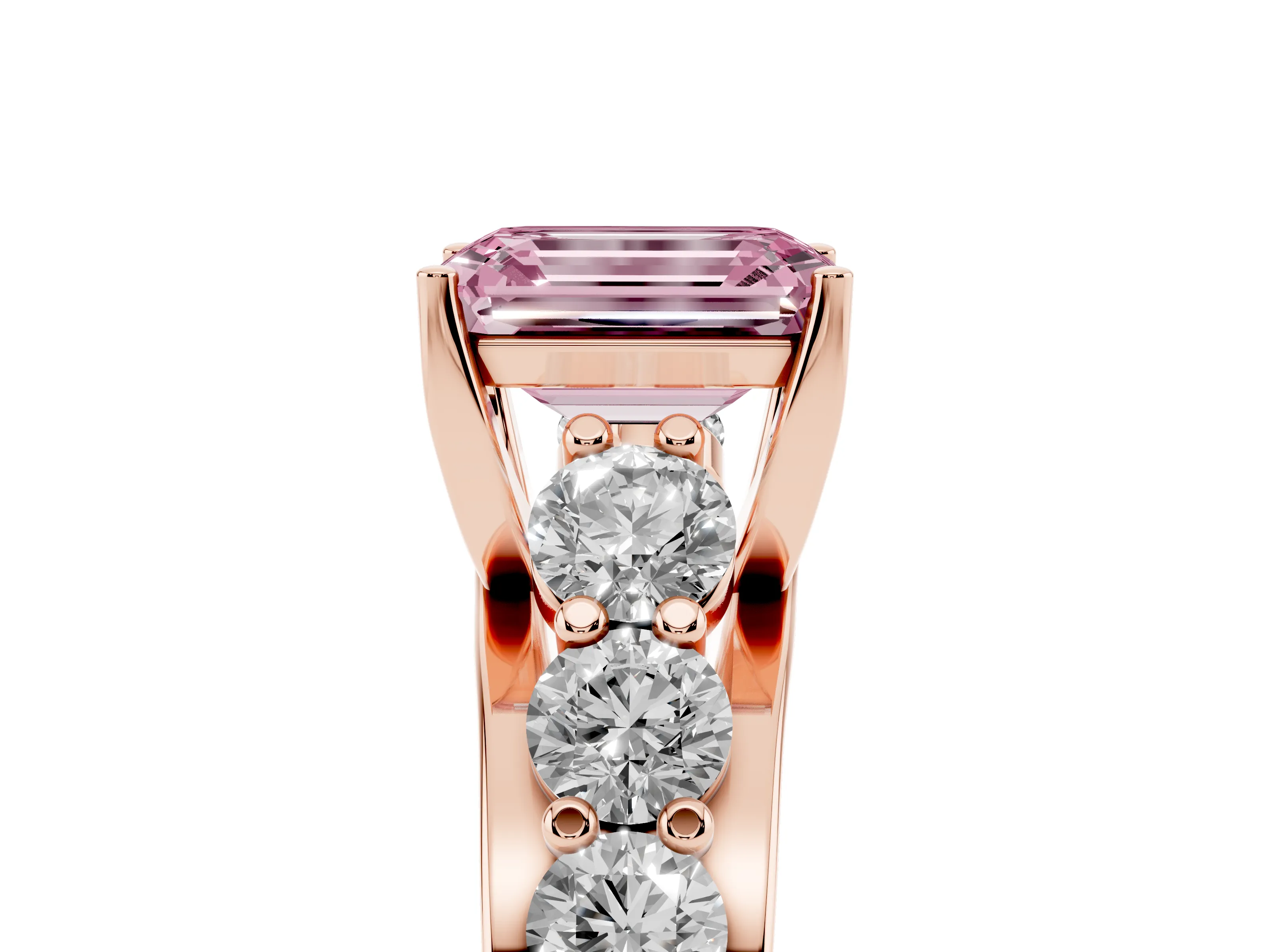 Fancy Pink Emerald Cut Diamond Pavé Engagement Ring Set in Rose gold with Prong Setting