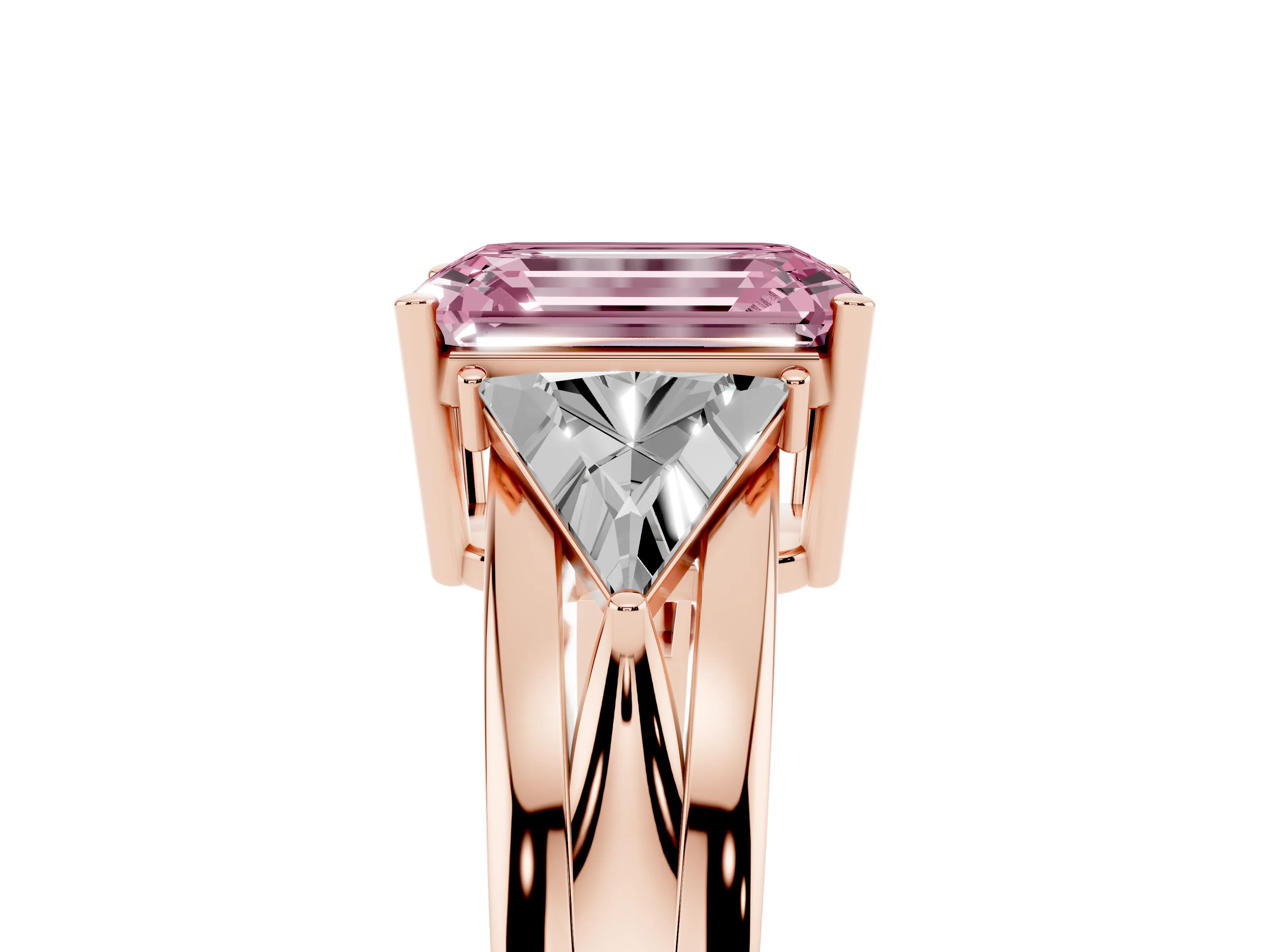 Fancy Pink Emerald Cut Diamond Three-Stone Ring Set in Rose gold with Trillion Side Stones and Split Shank
