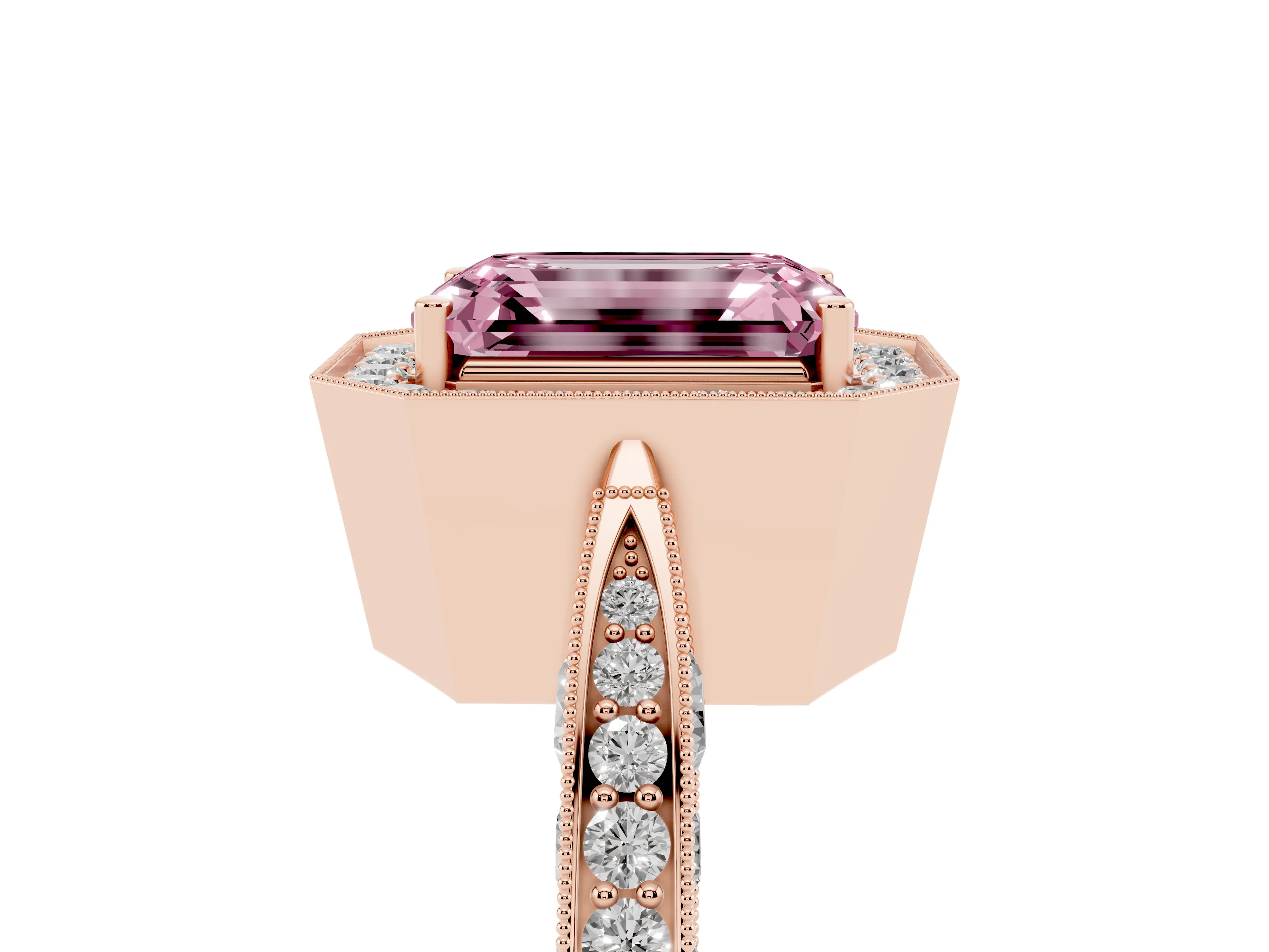 Fancy Pink Emerald Cut Diamond Halo Engagement Ring Set in Rose gold with Accent Split Shank Band