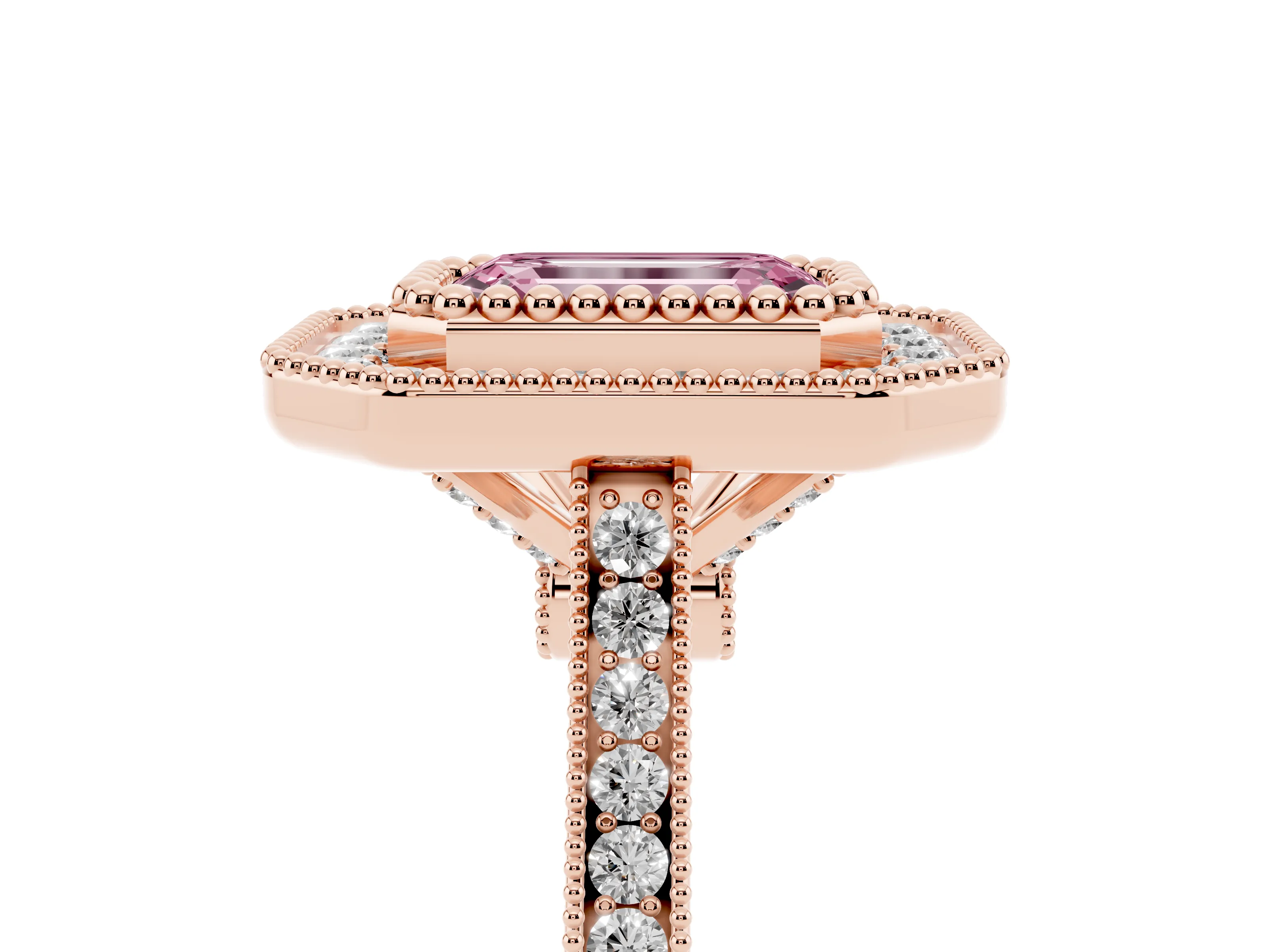 Fancy Pink Emerald Cut Diamond Halo Ring Set in Rose gold with Milgrain Frame and Pavé Band