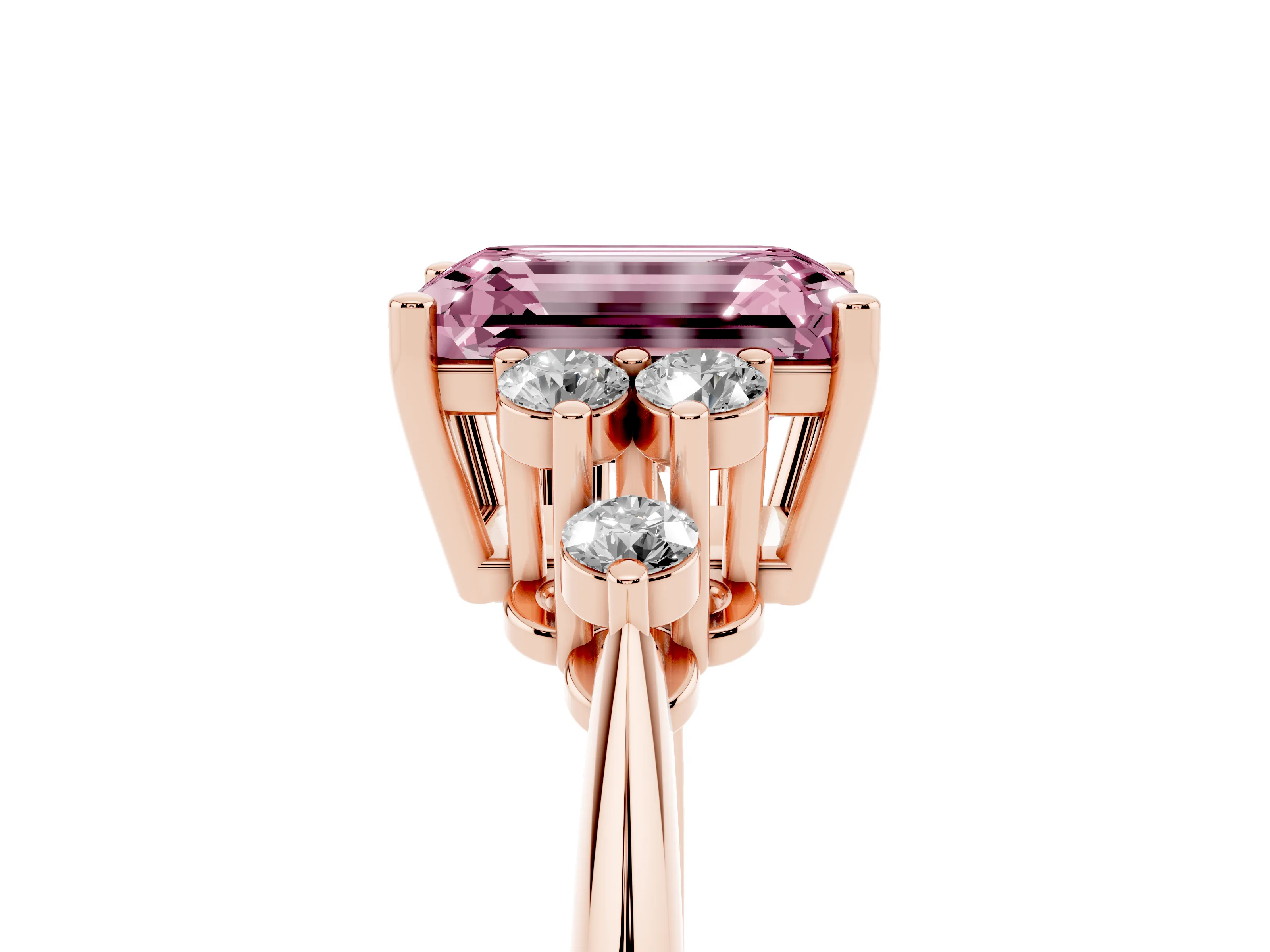 Fancy Pink Emerald Cut Diamond Cluster Ring Set in Rose gold with Plain Band and Prong Setting