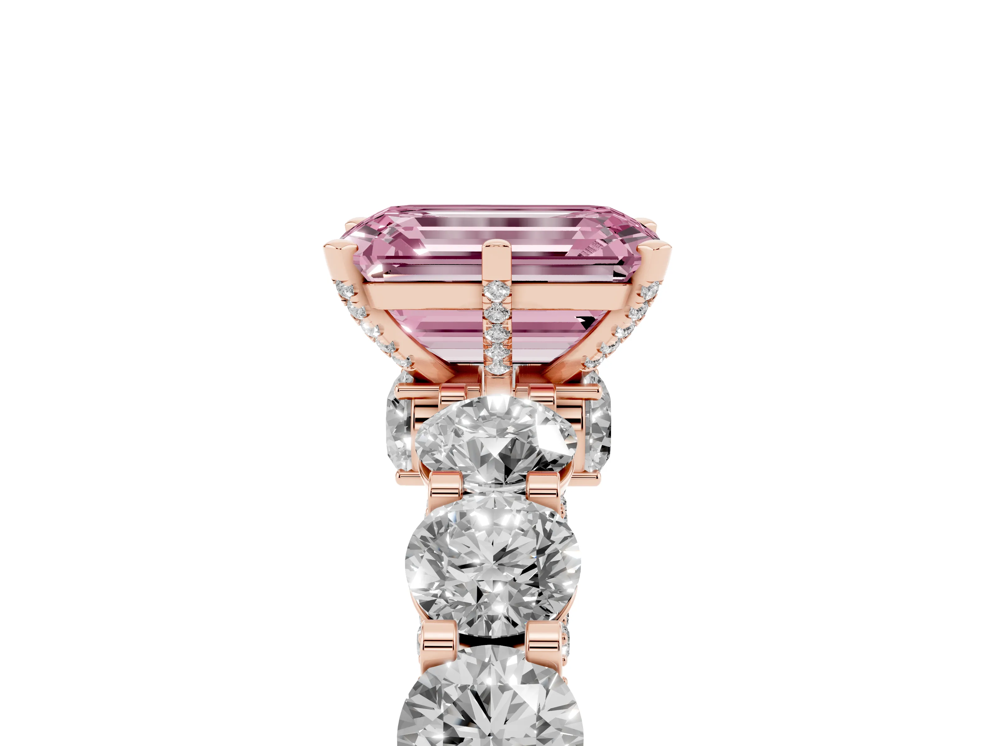 Fancy Pink Emerald Cut Diamond Side Stone Ring Set in Rose gold with Alternating Round and Oval Side Stones