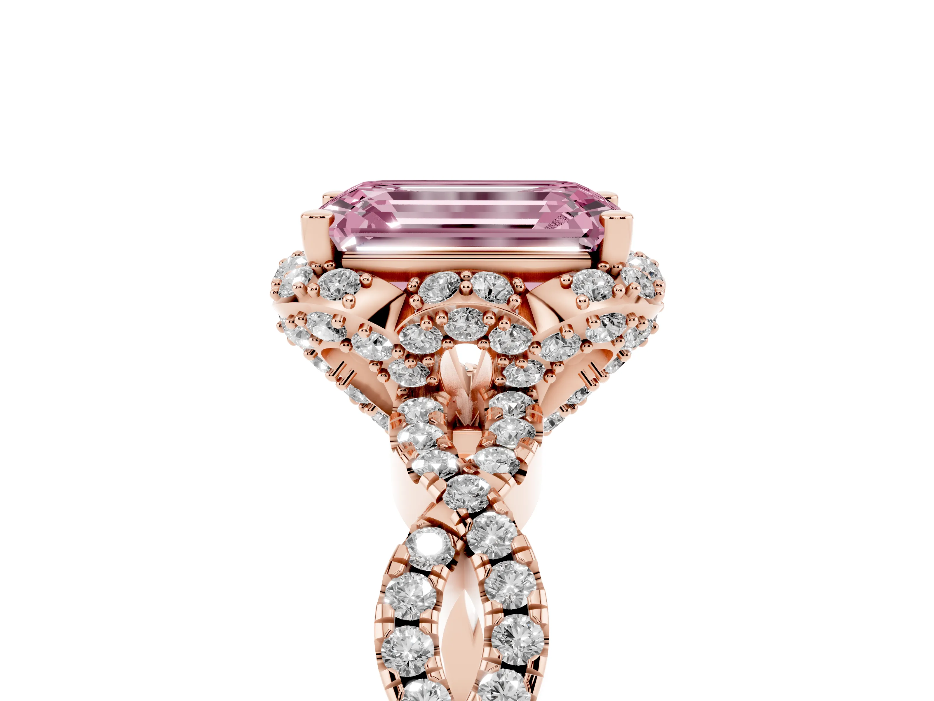 Fancy Pink Emerald Cut Diamond Halo Twist Band Solitaire Ring Set in Rose gold with Prong-Set Center Stone