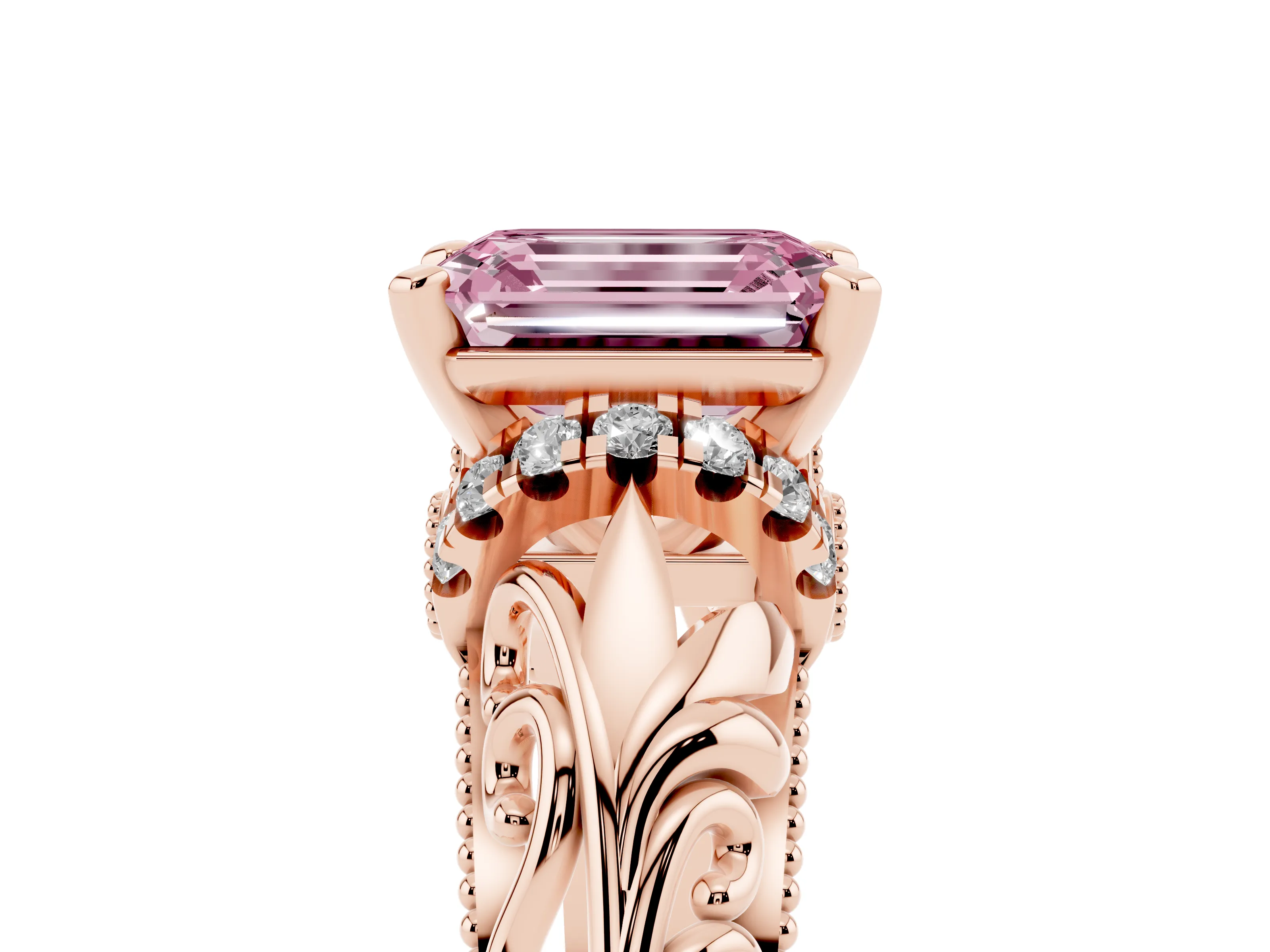 Fancy Pink Emerald Cut Diamond Filigree Halo Engagement Ring Set in Rose gold with Prong Setting