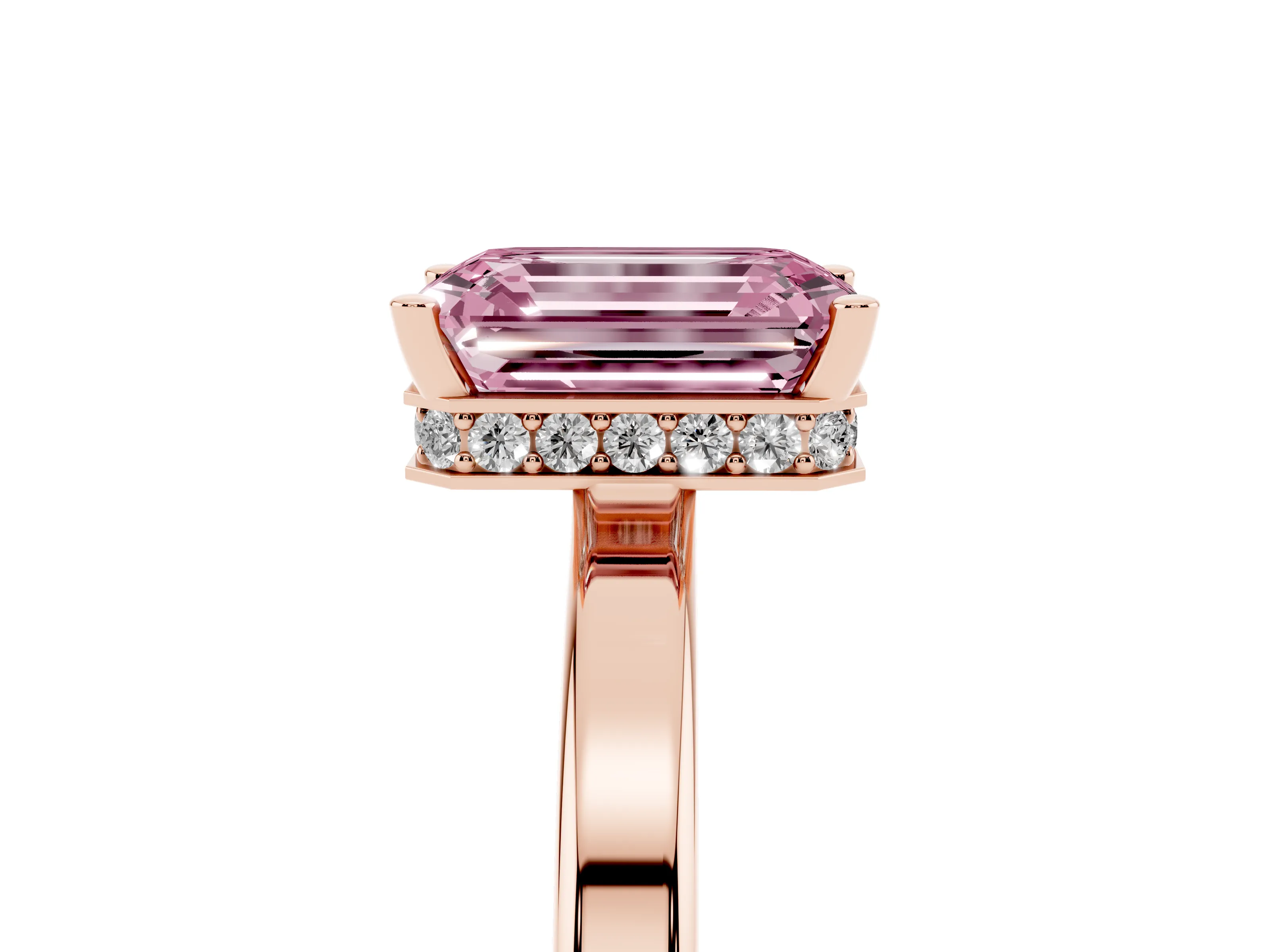 Fancy Pink Emerald Cut Diamond Solitaire Engagement Ring Set in Rose gold with Prong Setting on a Plain Band