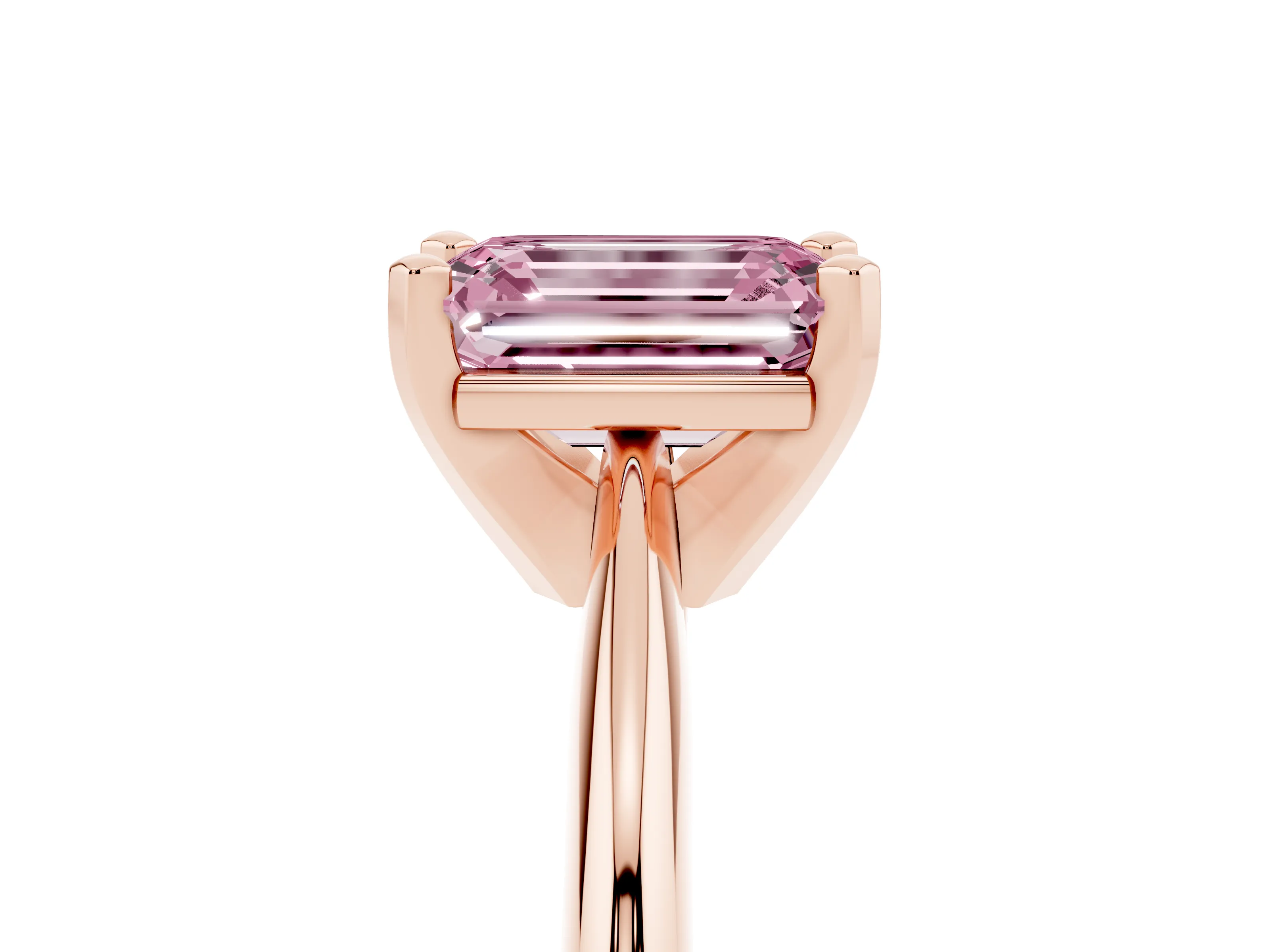 Fancy Pink Emerald Cut Diamond Solitaire Ring Set in Rose gold with Prong Setting on a Plain Round Band