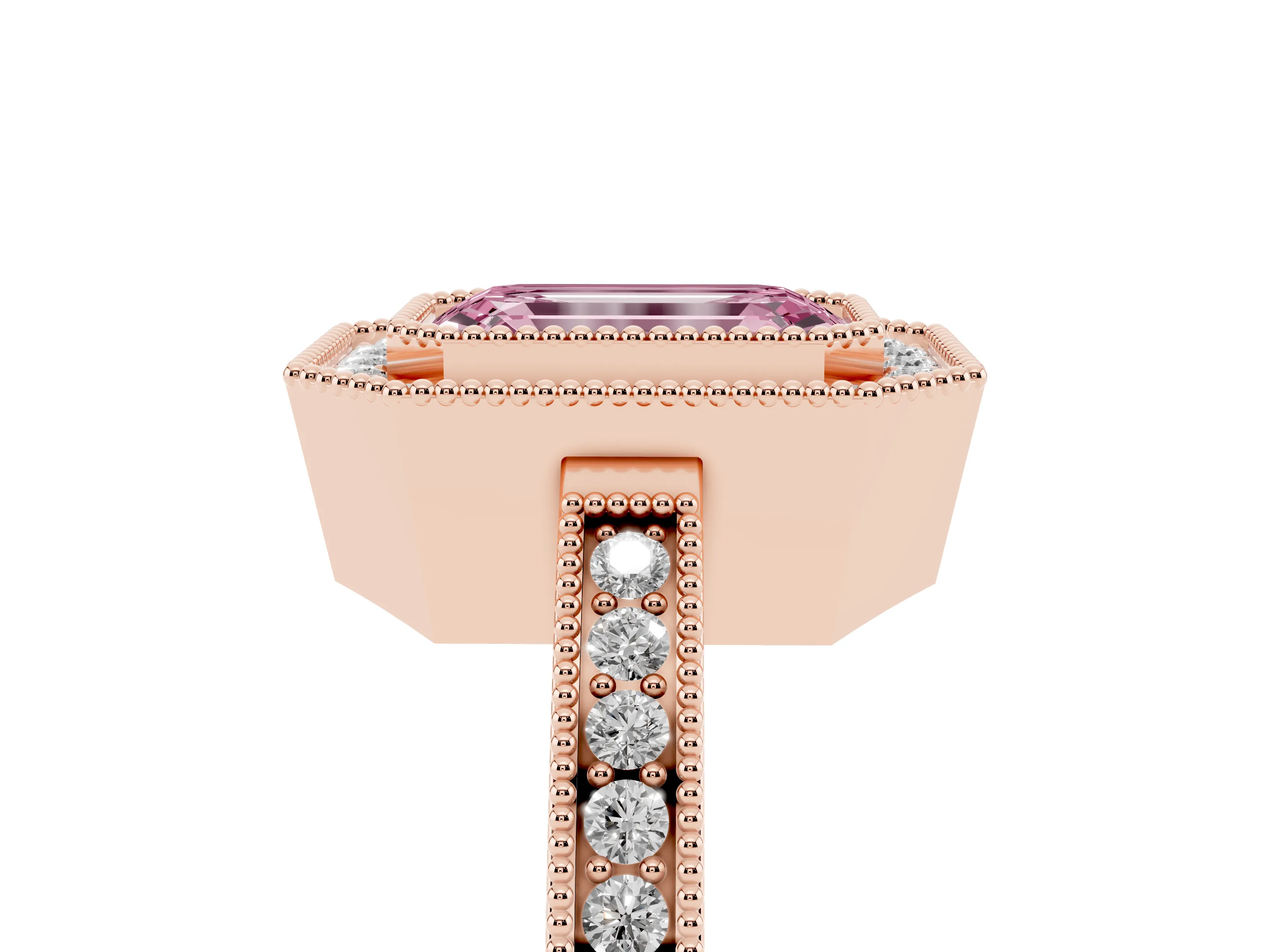 Fancy Pink Emerald Cut Diamond Halo Ring Set in Rose gold with Pavé Band and Milgrain-Edged Prongs