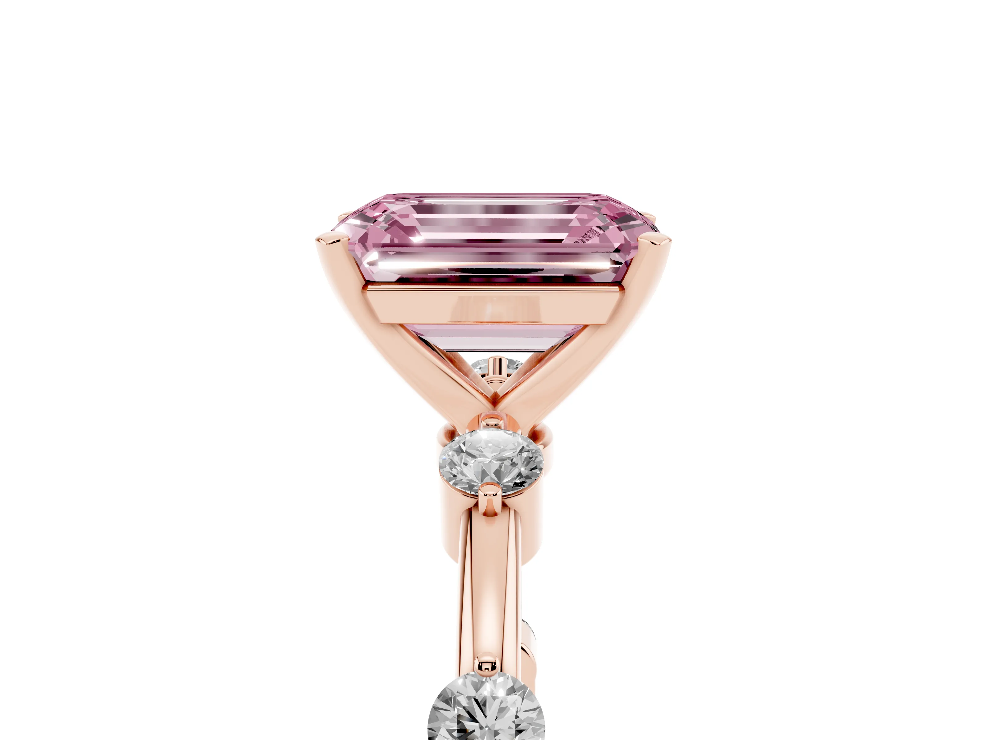 Fancy Pink Emerald Cut Diamond Solitaire Ring Set in Rose gold with Bezel Set Side Stones and Prong Setting