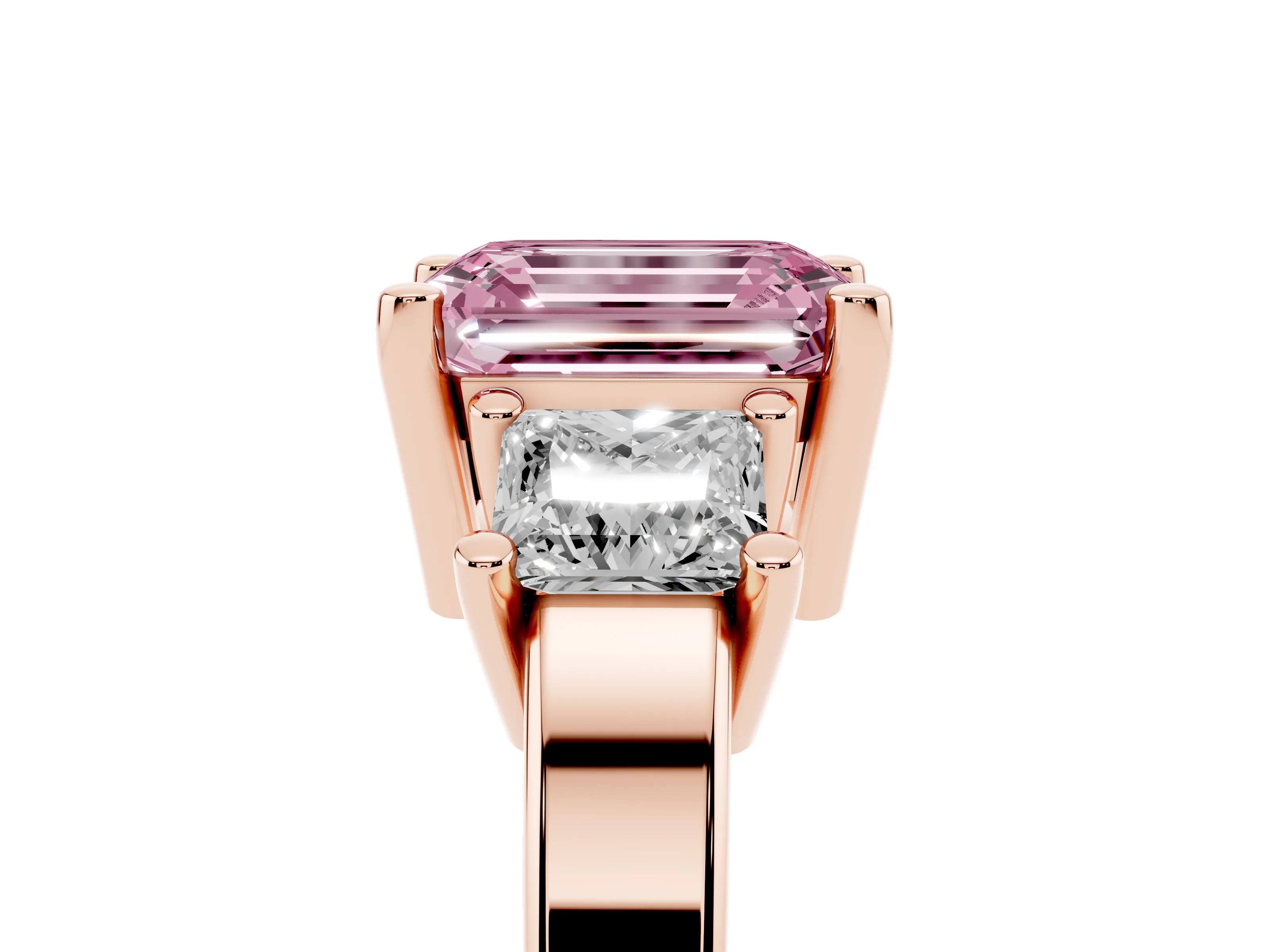Fancy Pink Three-Stone Emerald Cut Diamond Solitaire Ring Set in Rose gold with Prong Setting