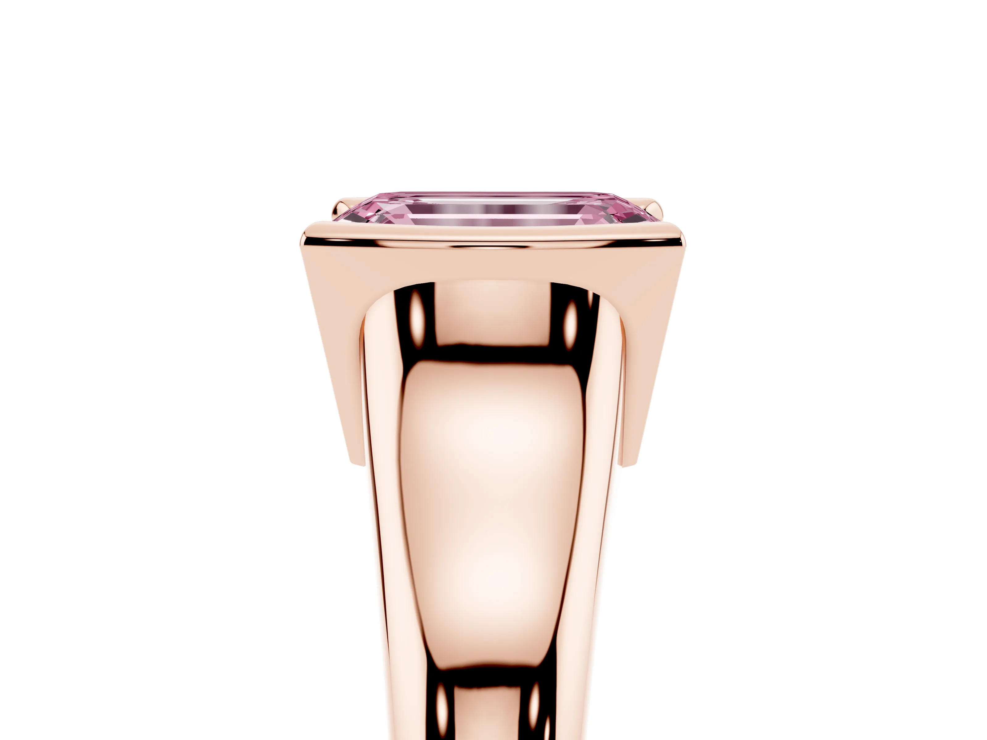 Fancy Pink Emerald Cut Diamond Solitaire Tension Set Ring Set in Rose gold with Split Shank Band