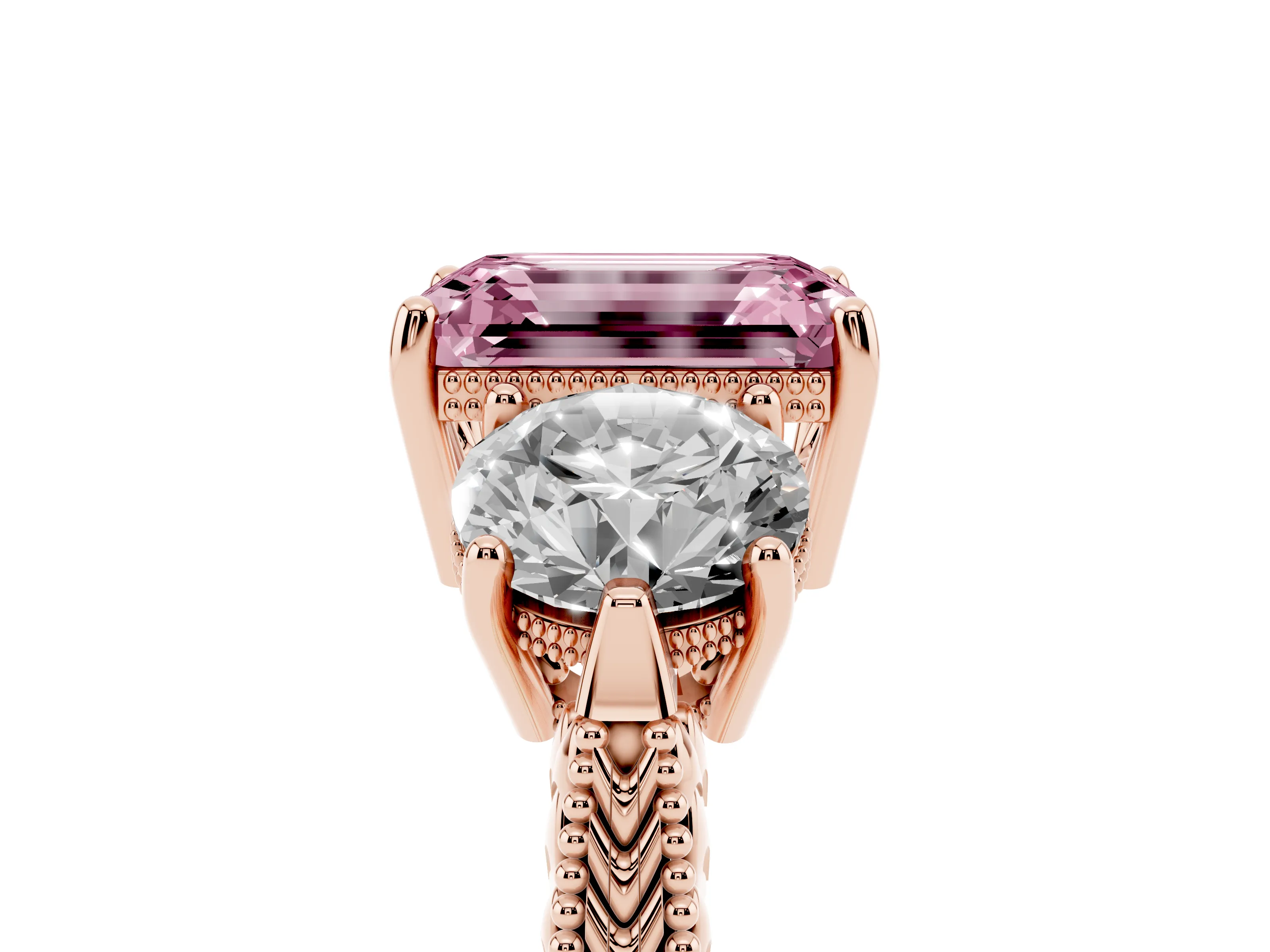 Fancy Pink Emerald Cut Diamond Three-Stone Ring Set in Rose gold with Milgrain Band