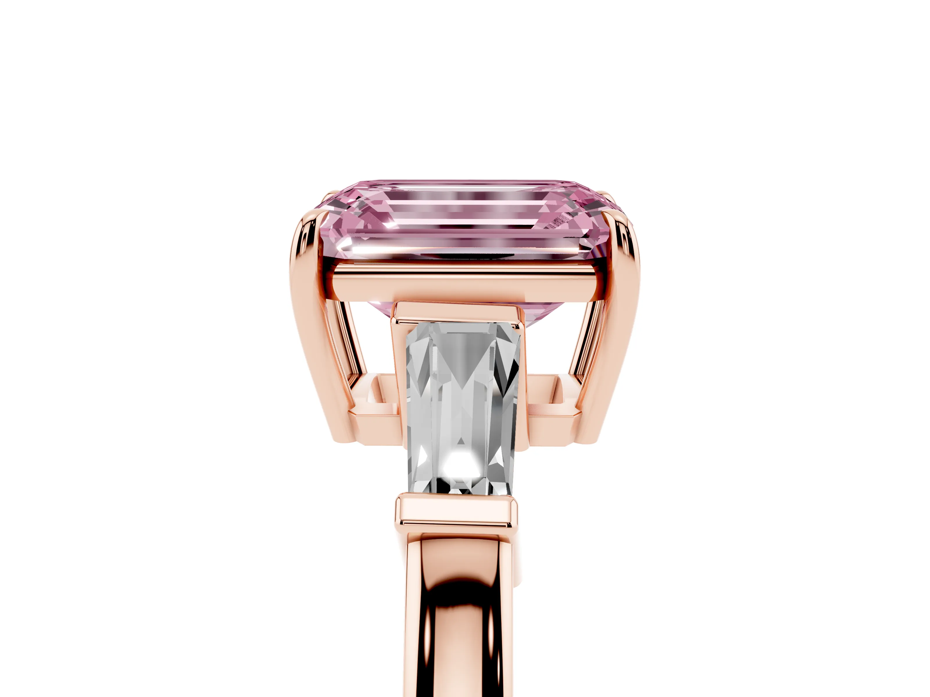 Fancy Pink Emerald Cut Diamond Three-Stone Ring Set in Rose gold with Tapered Baguette Side Stones and Prong Setting