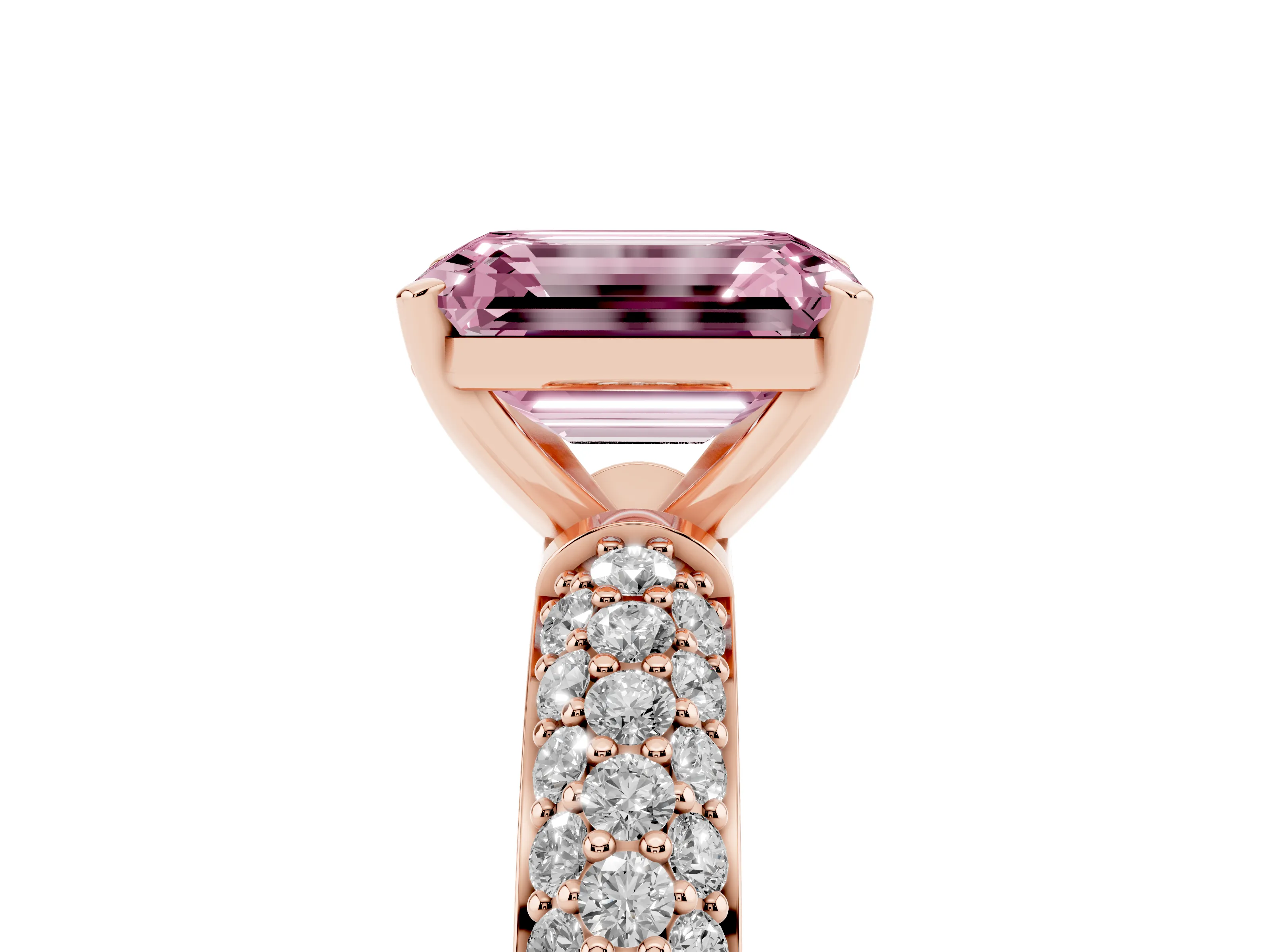 Fancy Pink Emerald Cut Diamond Solitaire Ring Set in Rose gold with Prong Setting and Pavé-Set Band