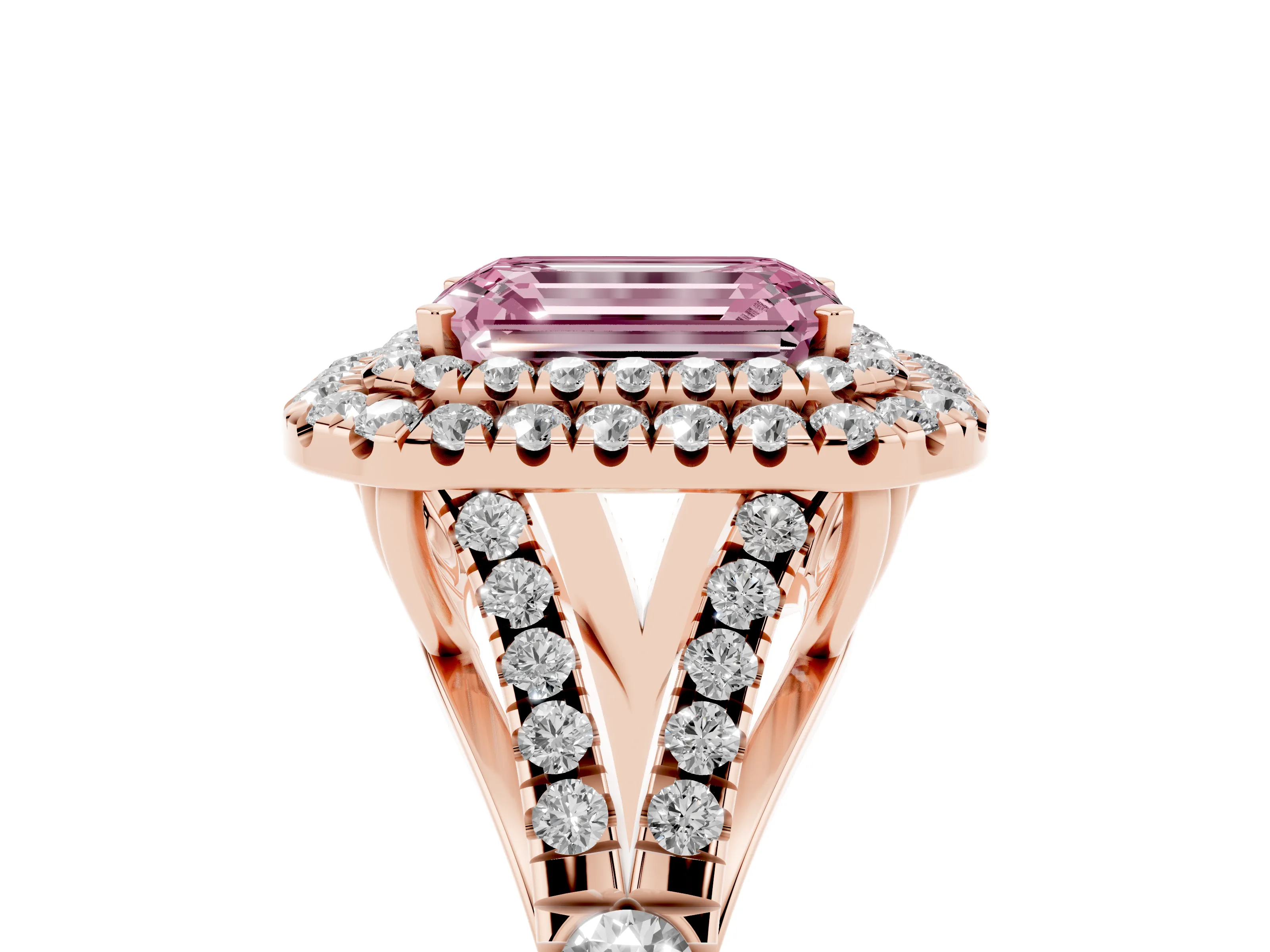 Fancy Pink Emerald Cut Diamond Pavé Split Shank Double Halo Engagement Ring Set in Rose gold