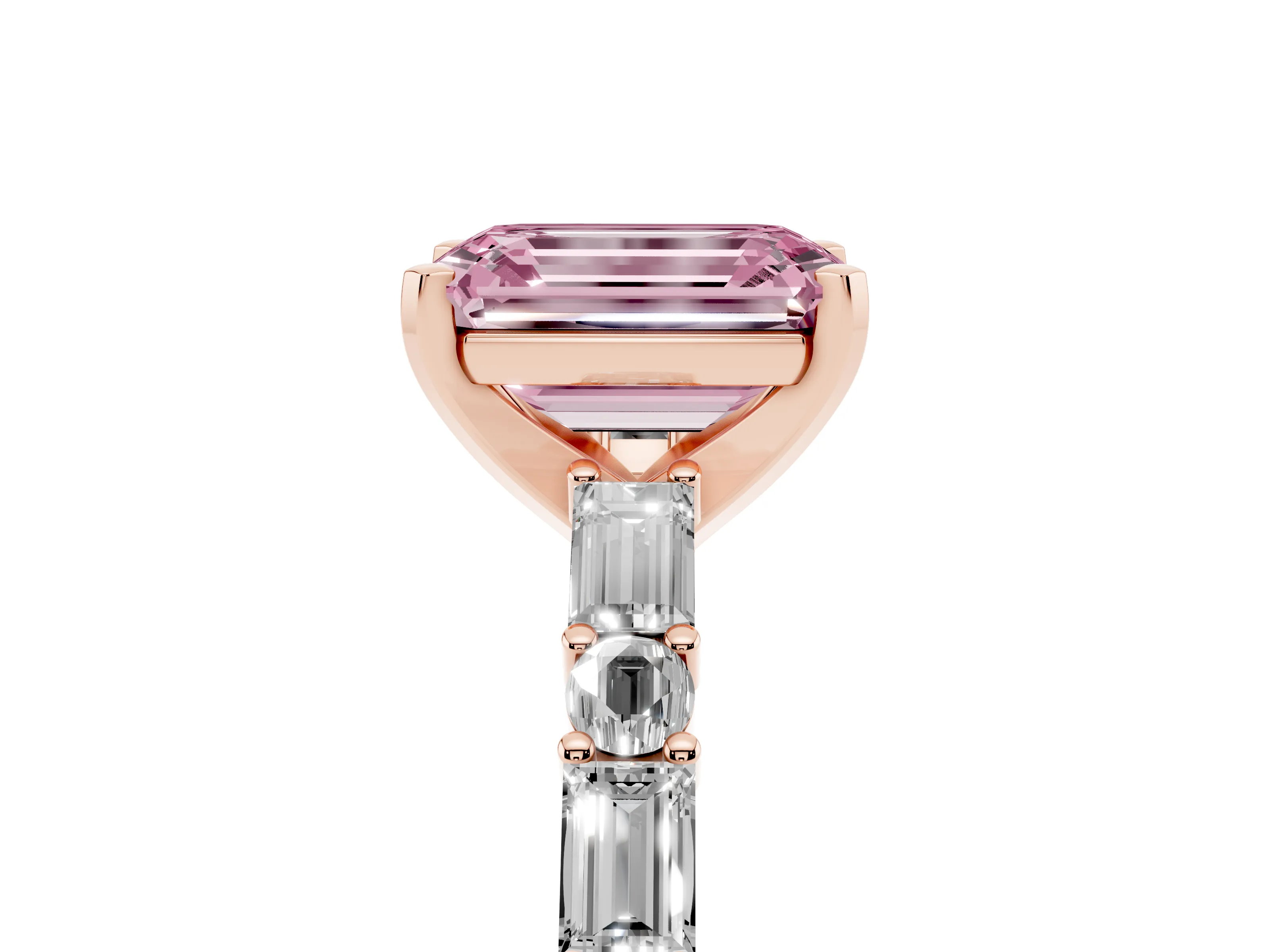 Fancy Pink Emerald Cut Diamond Solitaire Set in Rose gold with Side Baguettes and Channel Set Band