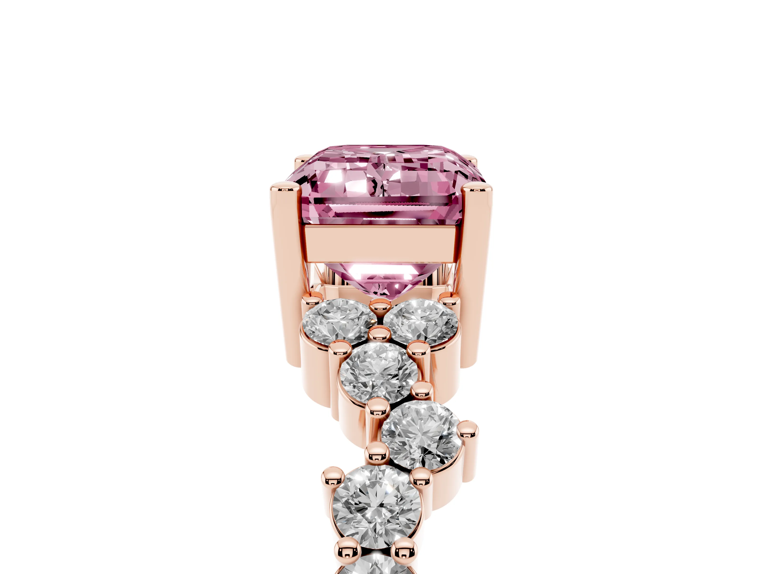 Fancy Pink Emerald Cut Diamond Ring Set in Rose gold with Scattered Round Accents