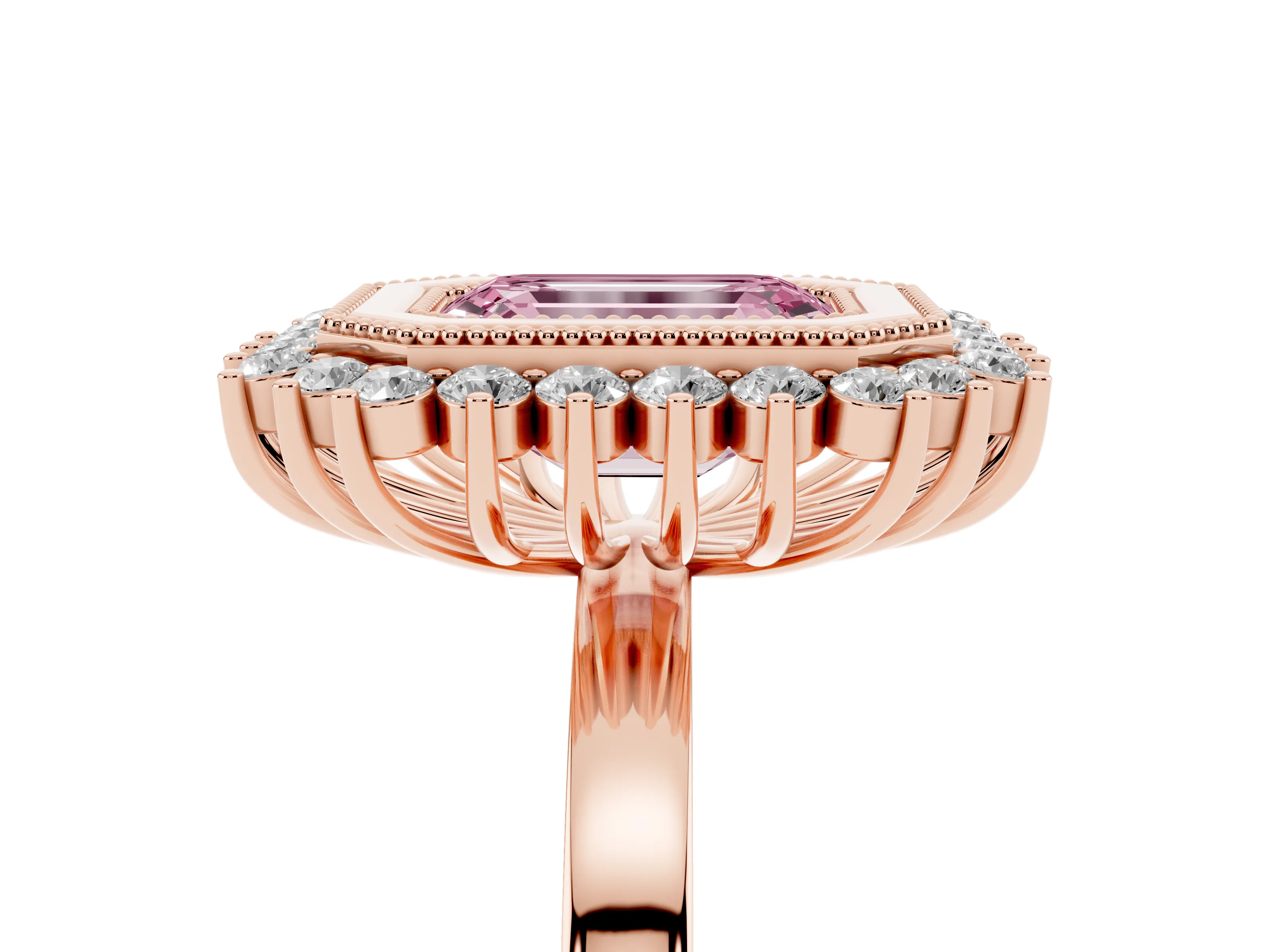 Fancy Pink Emerald Cut Diamond Halo Ring Set in Rose gold with Milgrain Edge and Round Prong Setting
