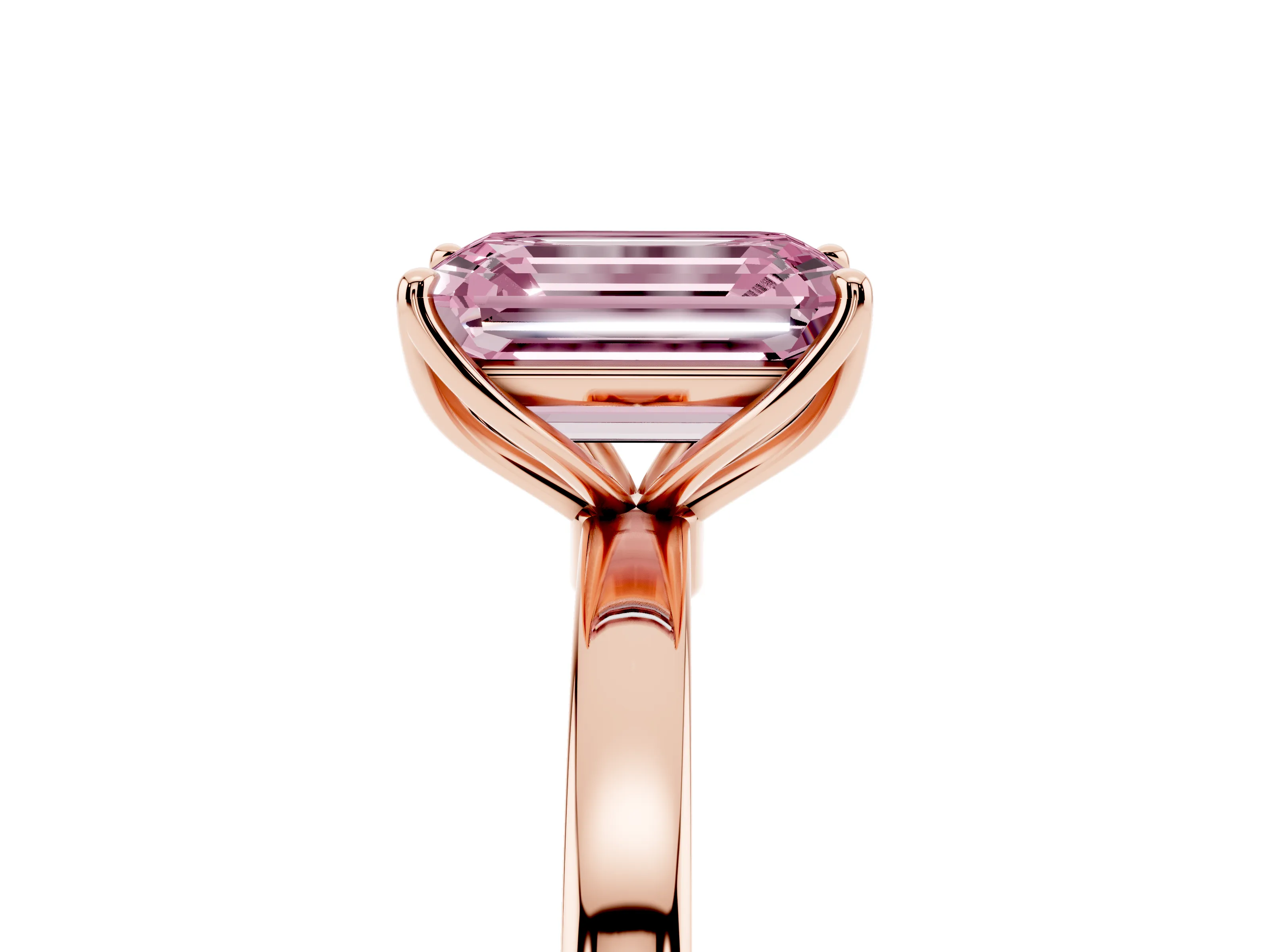 Fancy Pink Emerald Cut Diamond Solitaire Ring Set in Rose gold with Prong Setting and Thin Polished Band