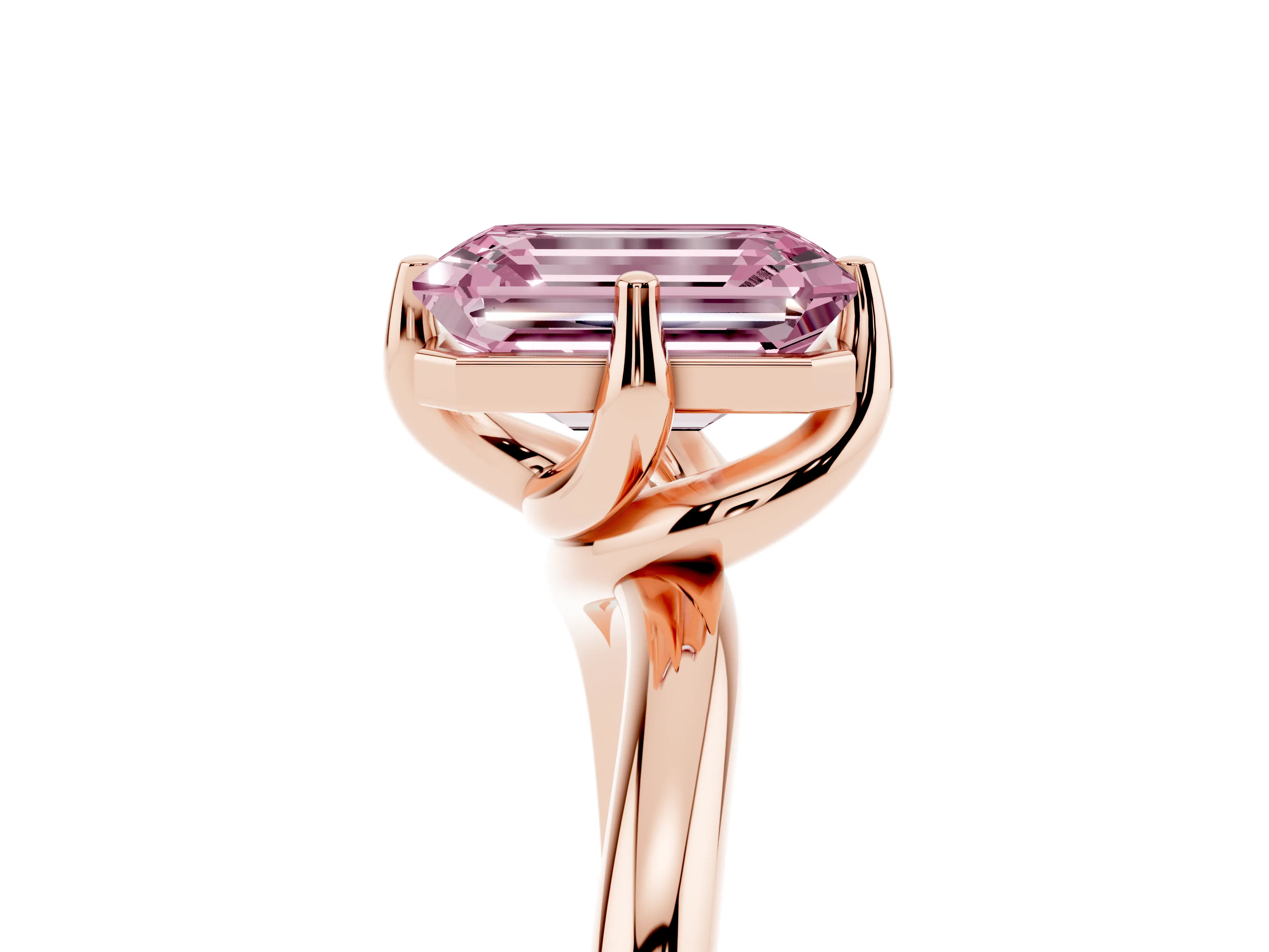 Fancy Pink Emerald Cut Diamond Solitaire Engagement Ring Set in Rose gold with Classic Plain Band